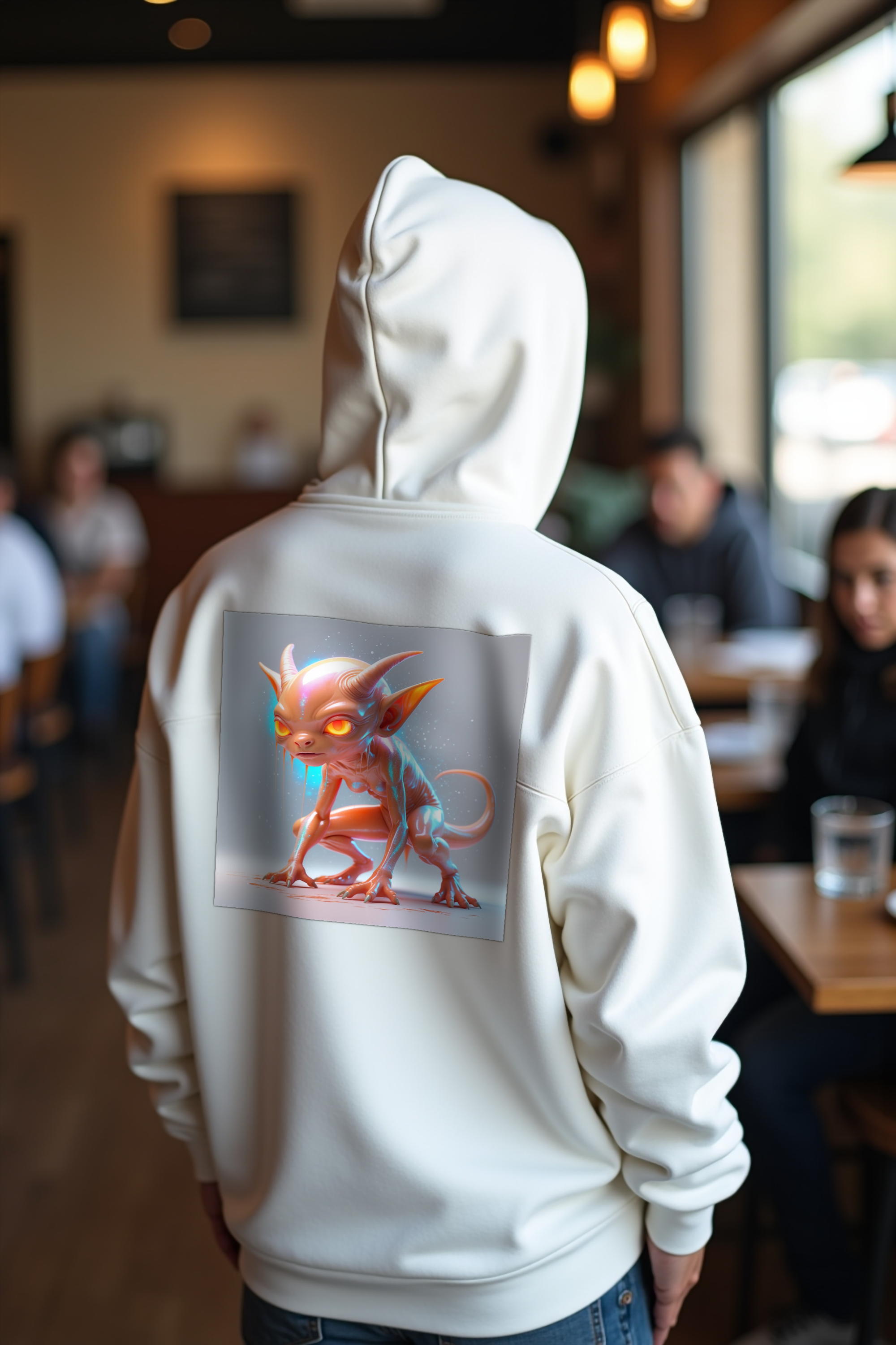 Dover Demon Hoodie - white mockup, looking back, back view