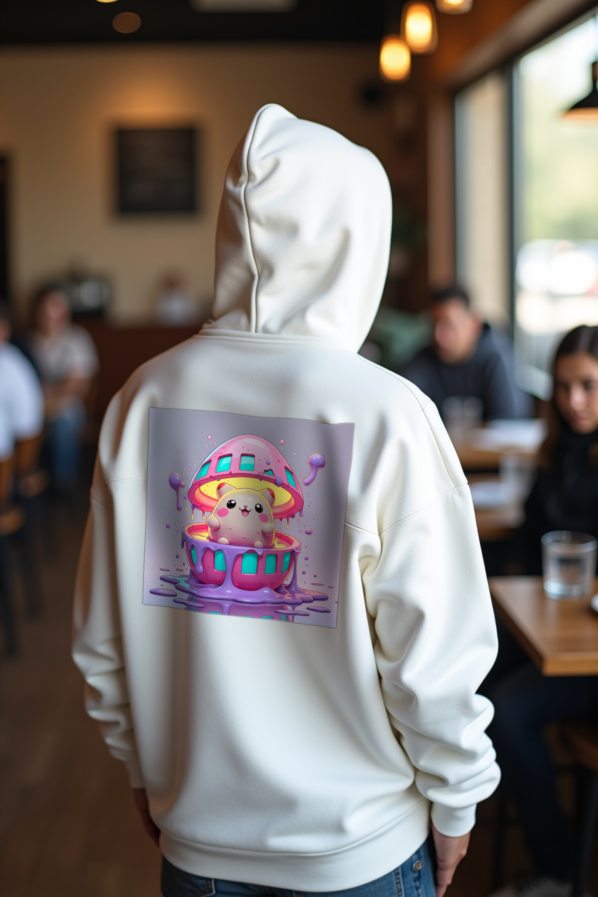 Tamagotchi Phantom hoodie mockup white back looking