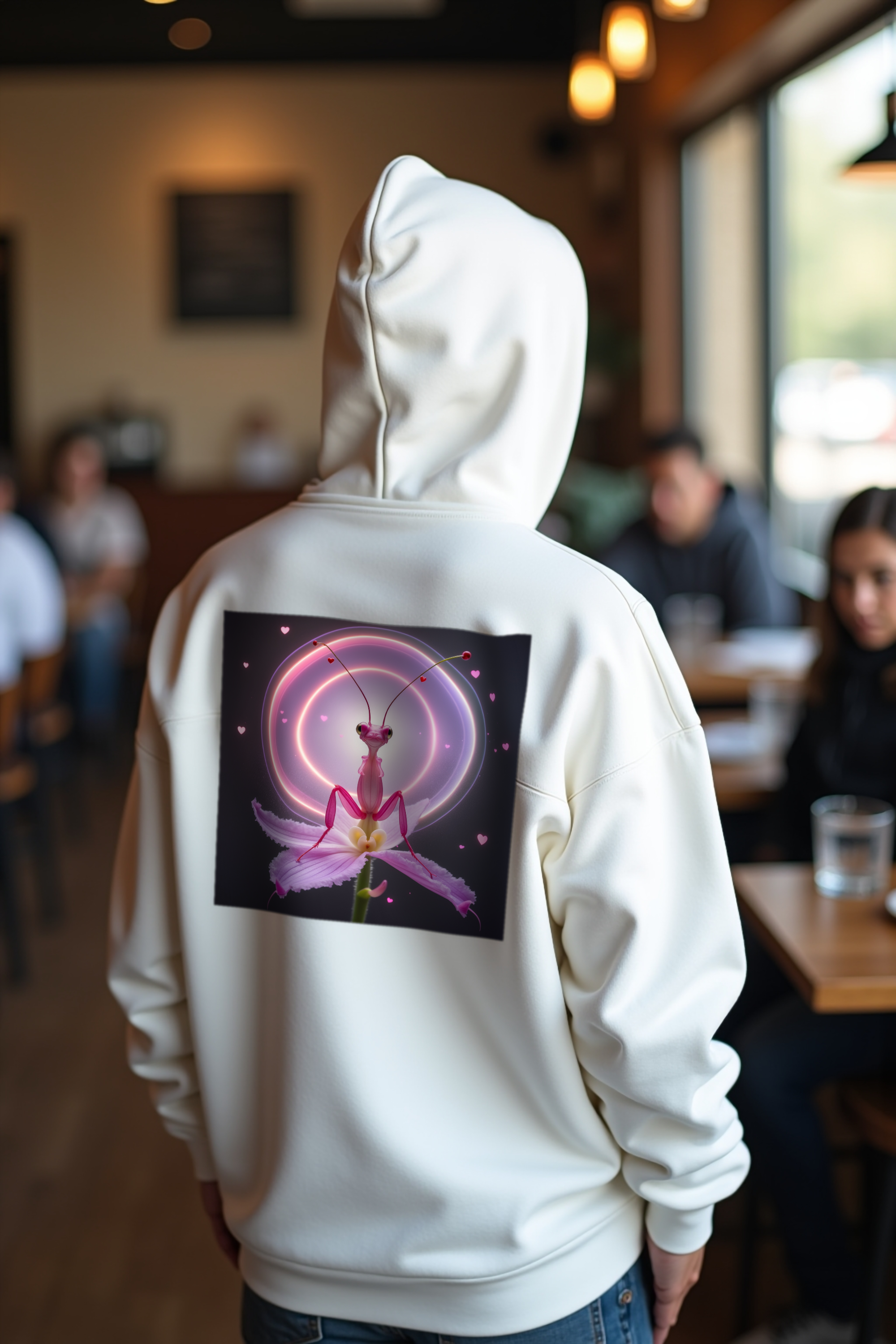 Delulu Orchid Mantis hoodie white looking back