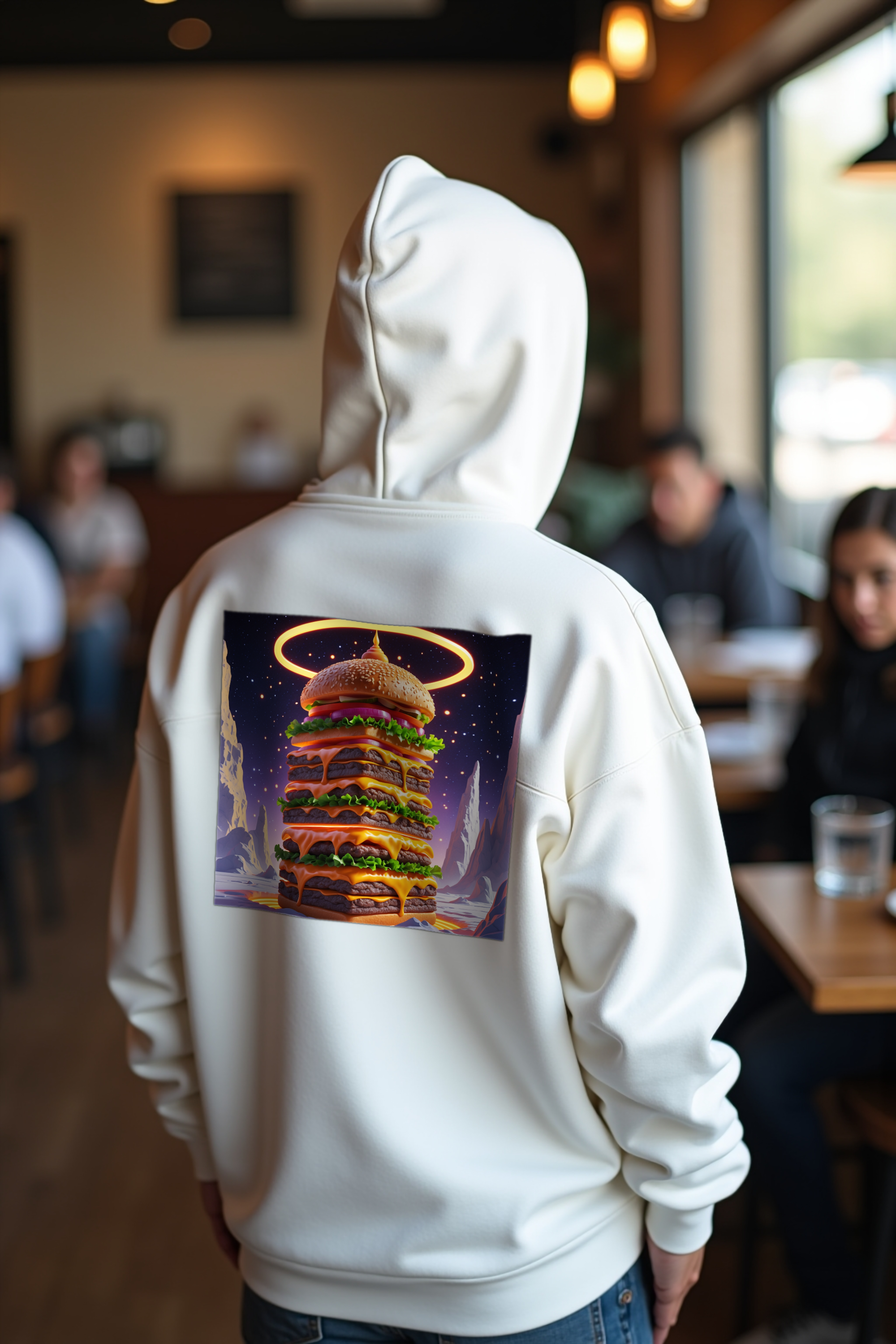 Fractal Cheeseburger Hoodie White looking back