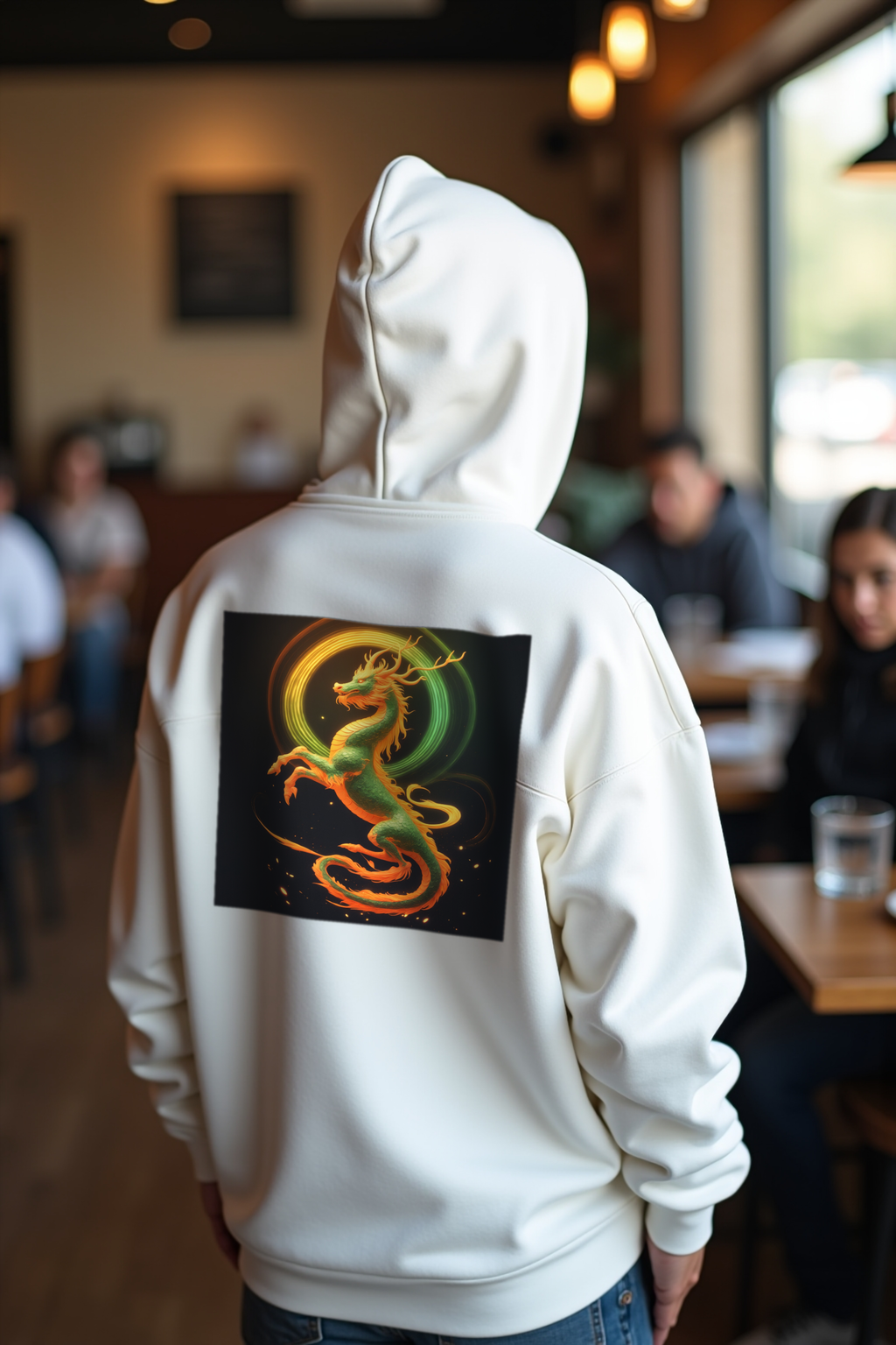 Ancient Flex Qilin white hoodie looking back
