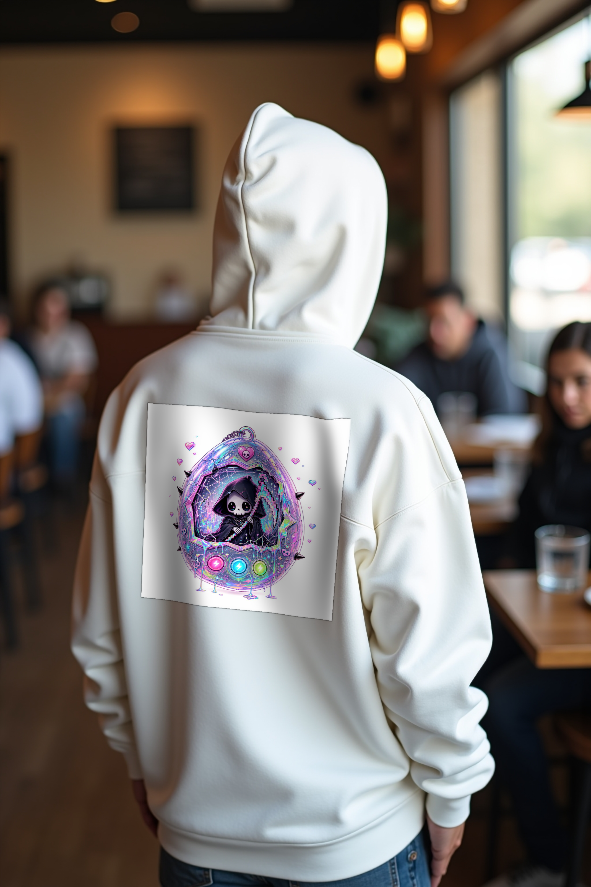 Tamagotchi Reaper hoodie - white mannequin looking back