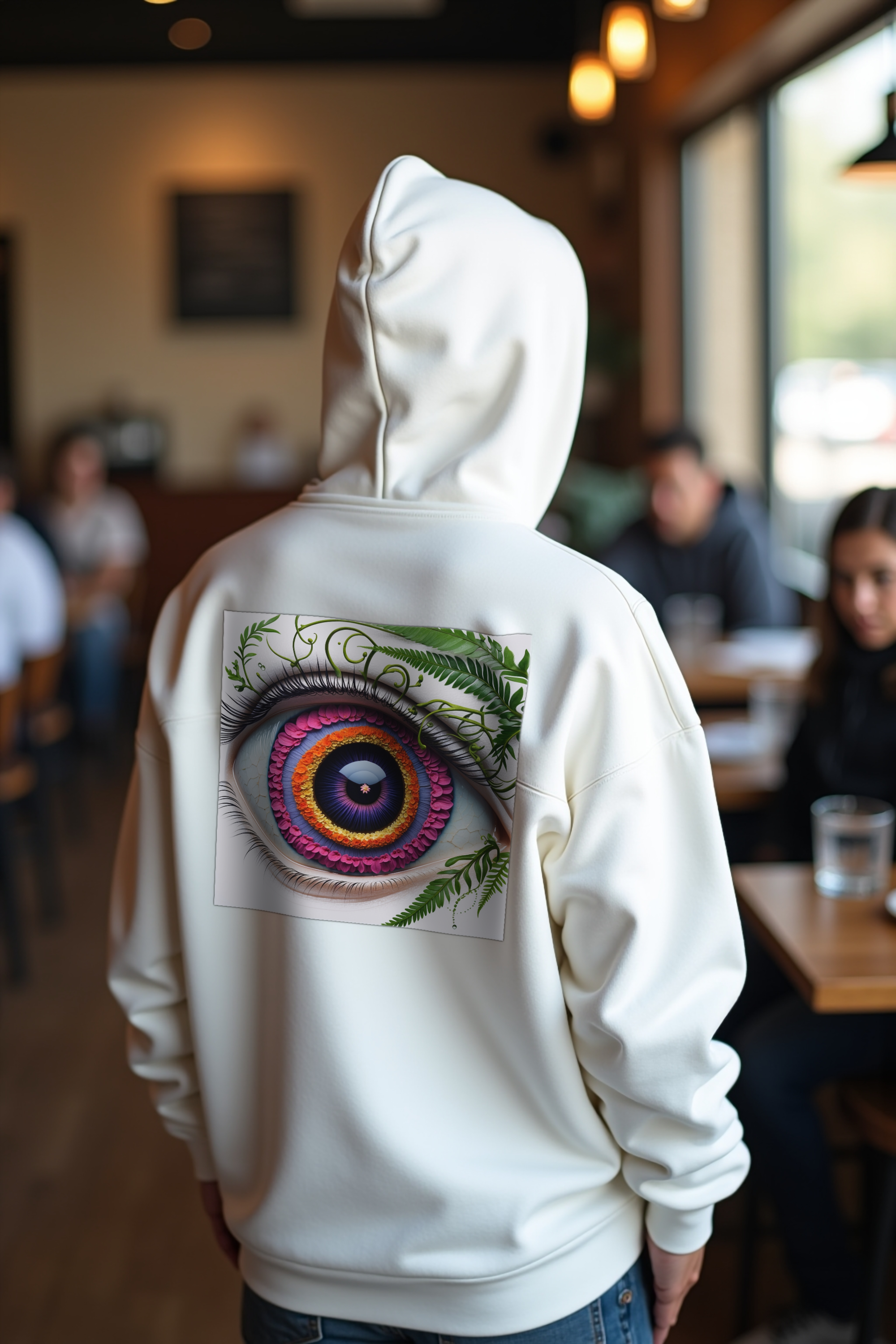 Botanical Eye hoodie white back looking