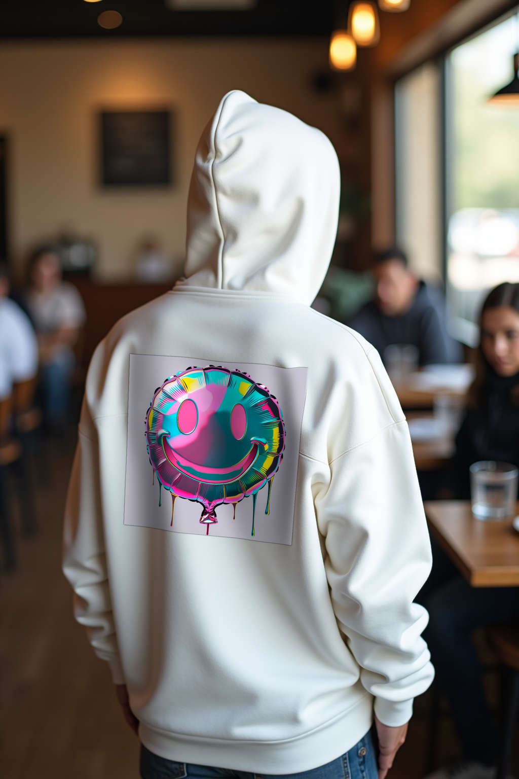 Mylar Smiley hoodie white looking back