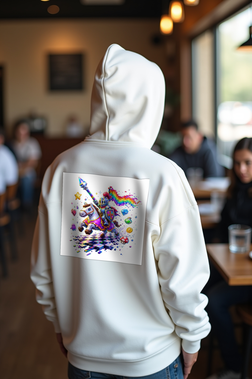 Pixel Knight on Pixel Steed white hoodie mannequin looking back view