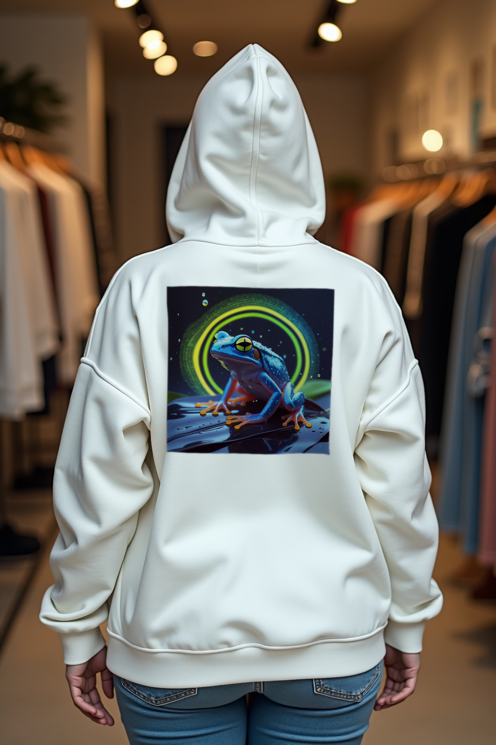 Tiny But Lethal Dart Frog hoodie white plus size shoulder shrug back