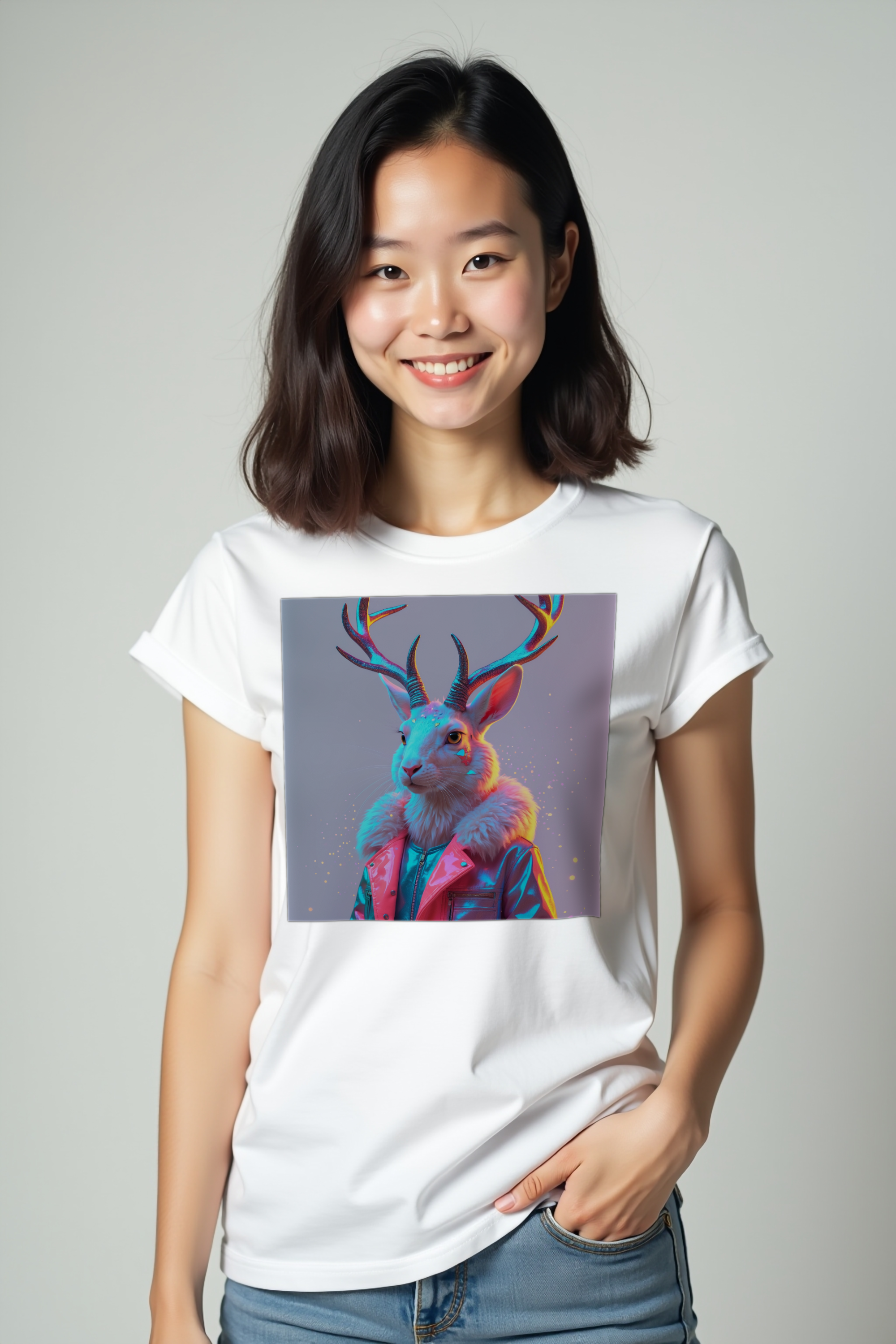 Jackalope unisex t-shirt white front mannequin hands in pockets mockup