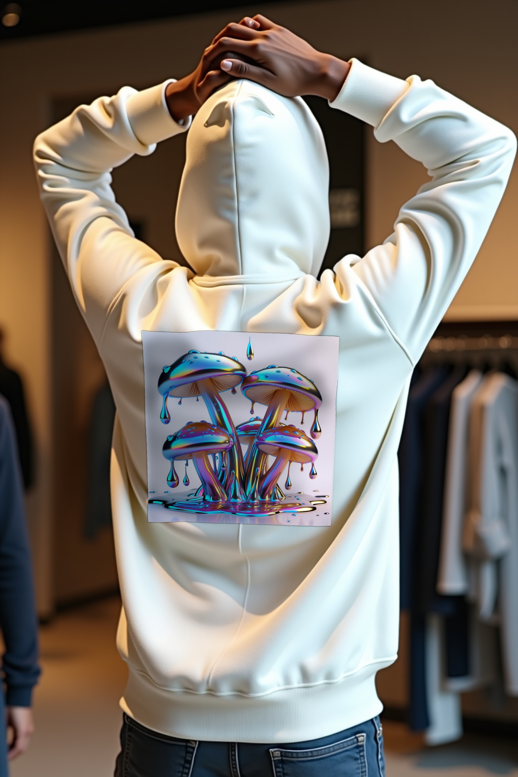 Liquid Chrome Shiitake hoodie white