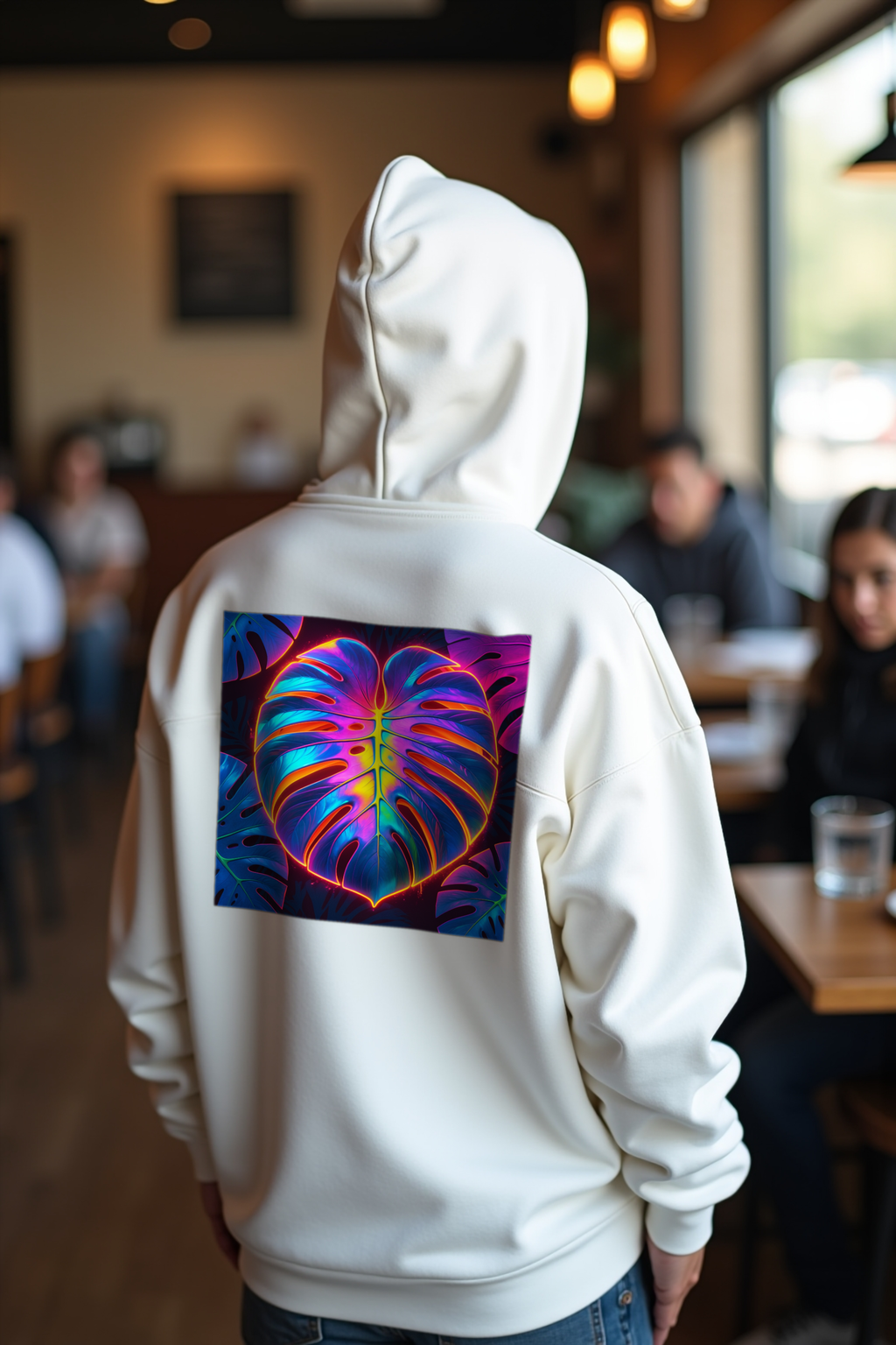 Neon Monstera Hoodie - White looking back