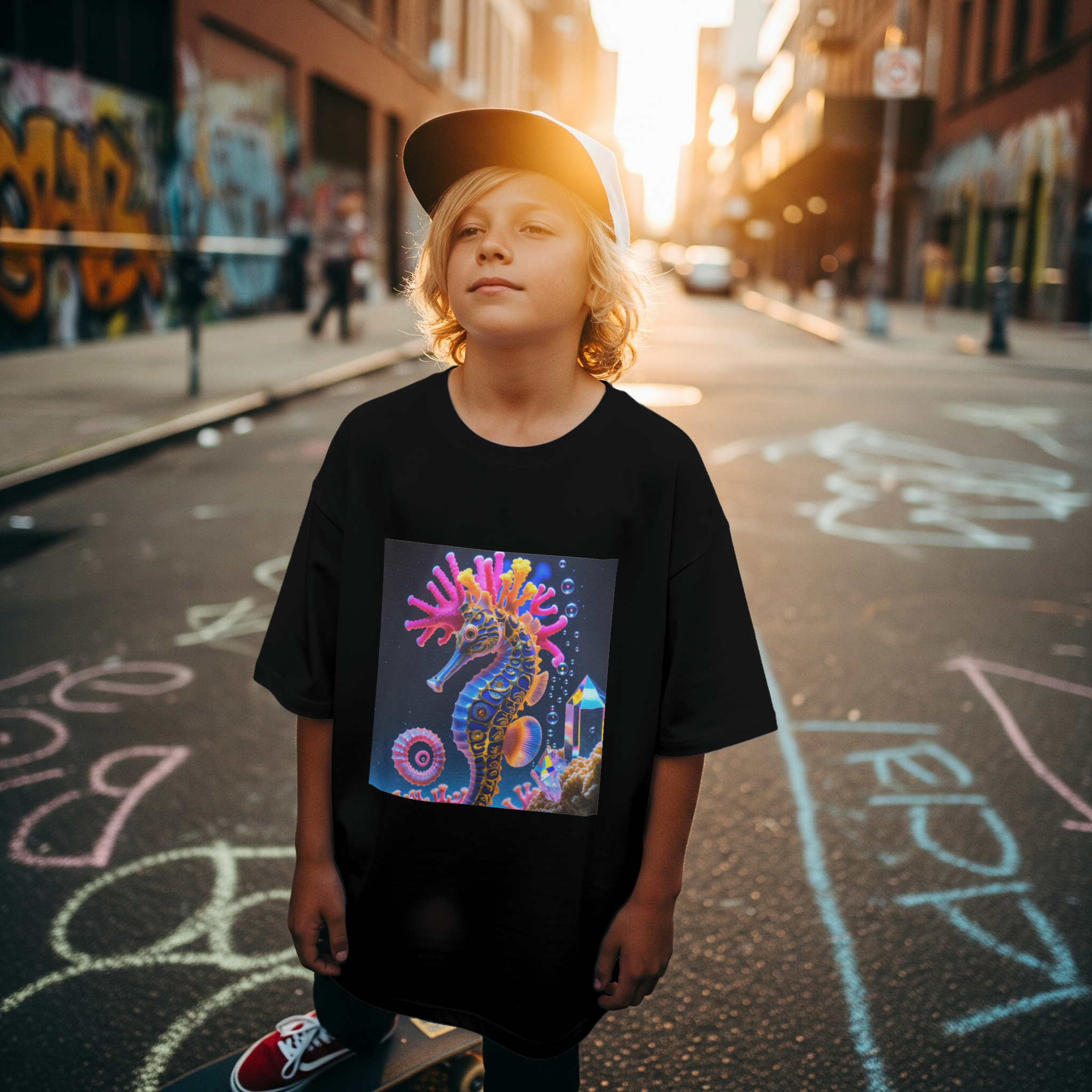 Psychedelic Seahorse T-Shirt Mockup Black