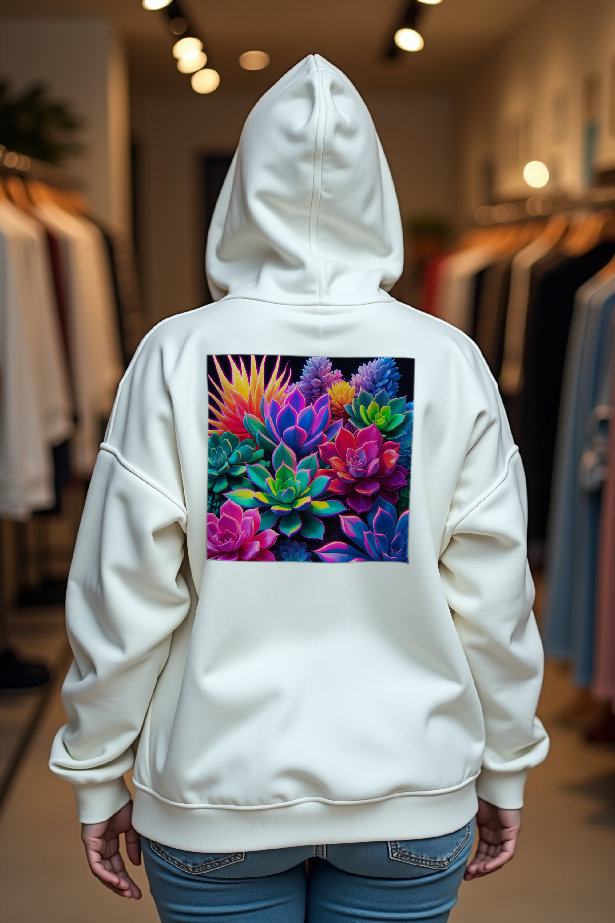 Rave Succulent Hoodie — White mannequin shoulder shrug back
