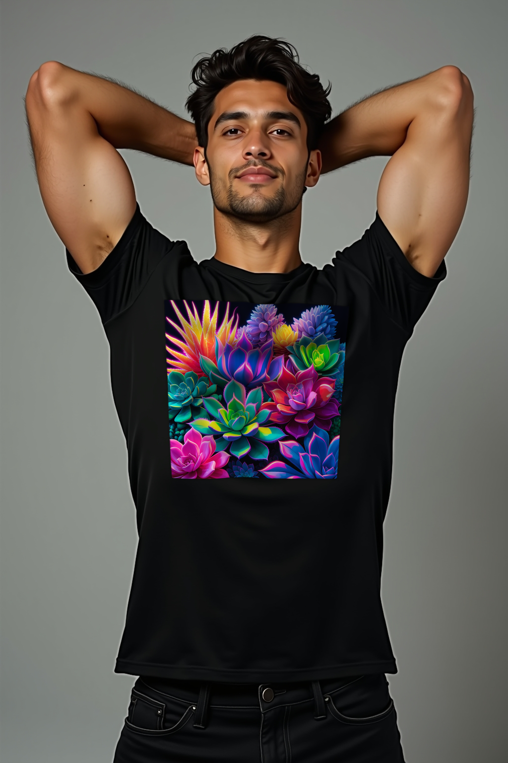 Rave Succulent T-Shirt — Black mannequin muscular stretch