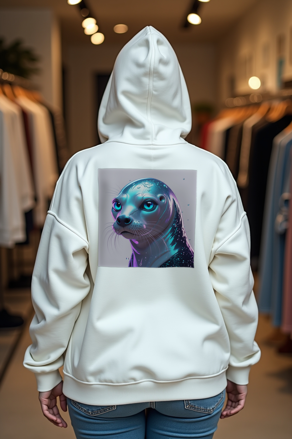 Selkie unisex hoodie white back shrug mockup