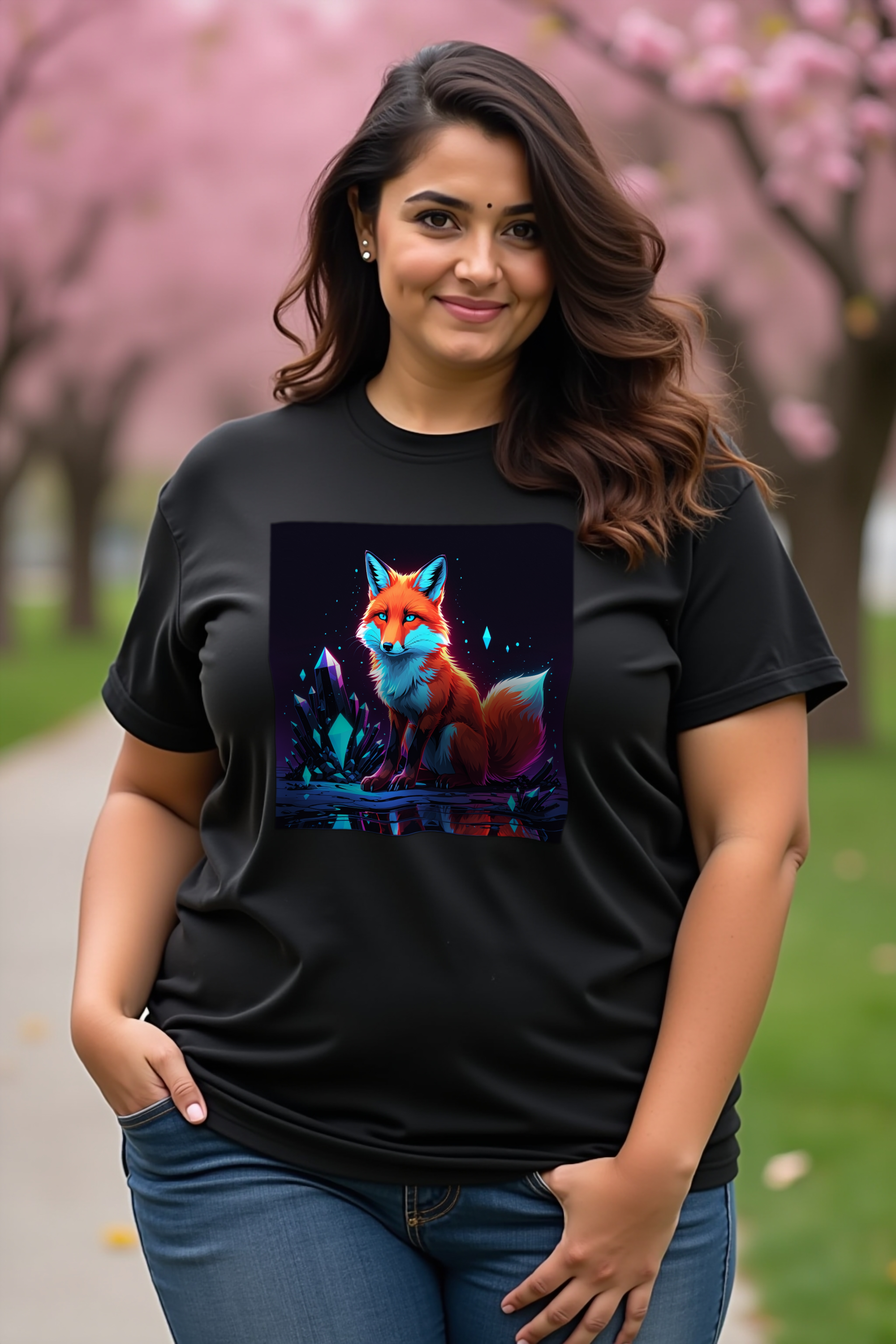 Neon Crystal Fox - T-Shirt - black mannequin curvy (D12)
