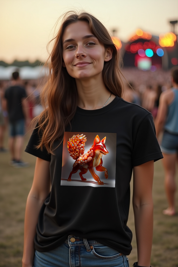 Carnelian Fox t-shirt - black, contrapposto pose, front left 45