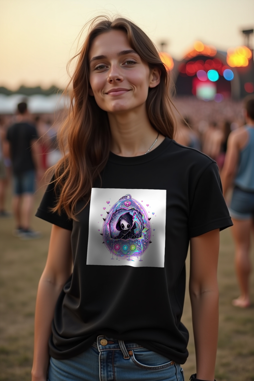 Tamagotchi Reaper tee - black mannequin contrapposto front-left