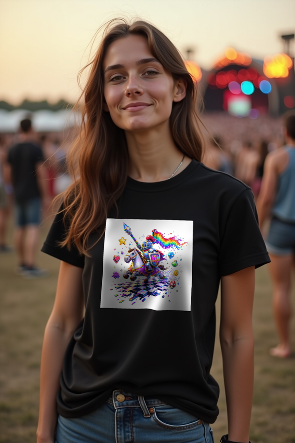 Pixel Knight on Pixel Steed Black t-shirt mockup front
