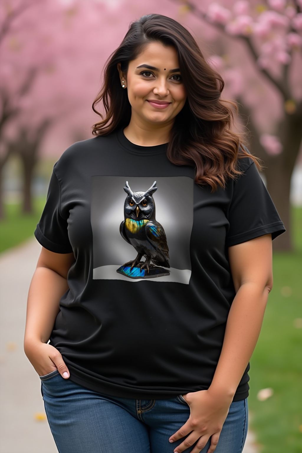 Labradorite Owl tee black front left 45