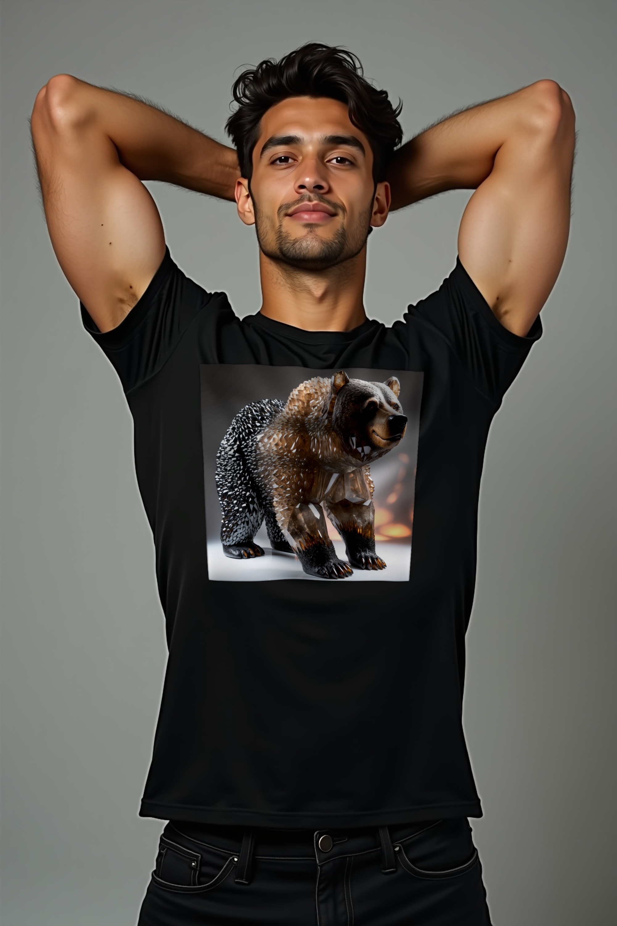 Smoky Quartz Bear T-Shirt - Black - Stretching arms up