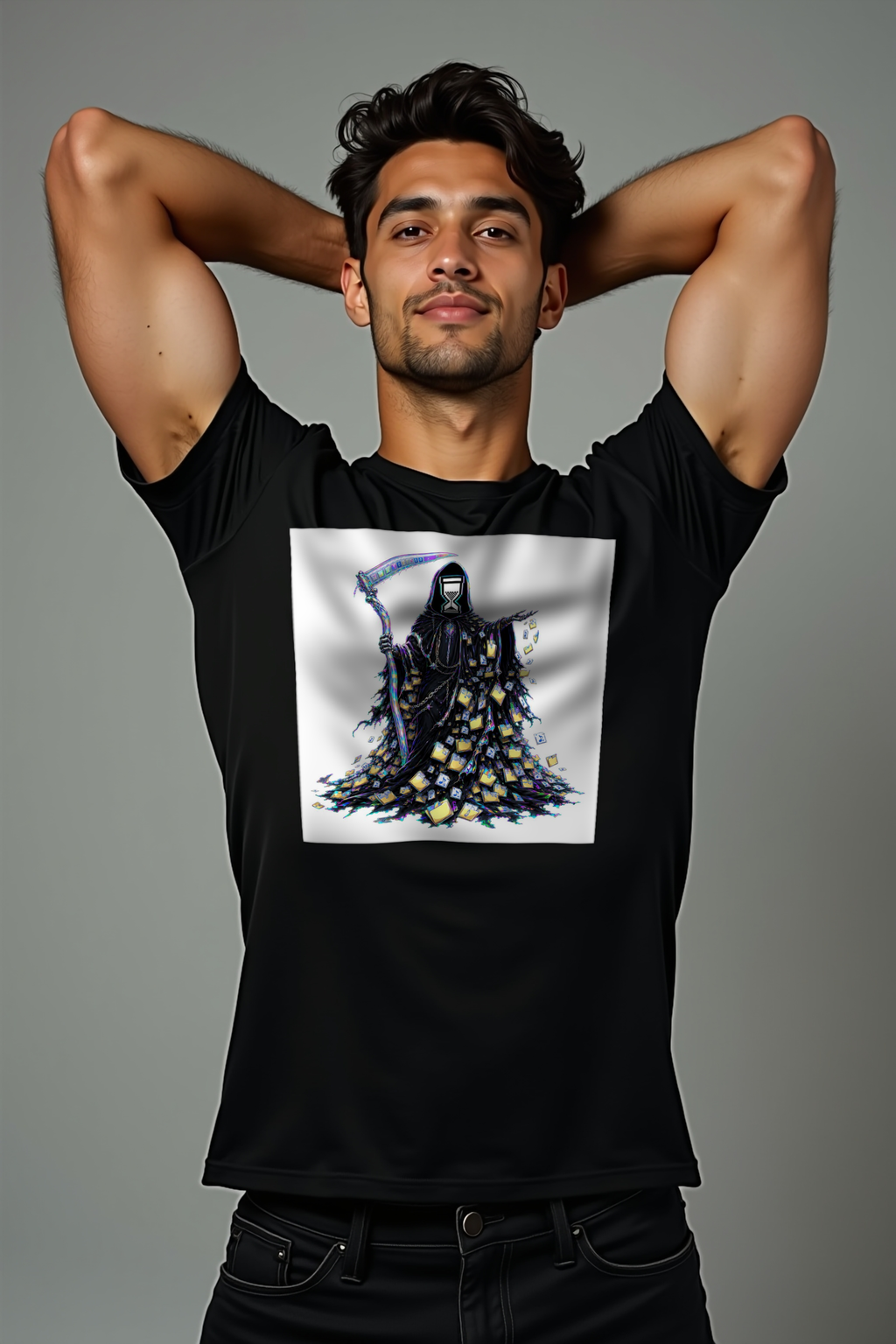 The Hourglass Reaper black tee front mannequin