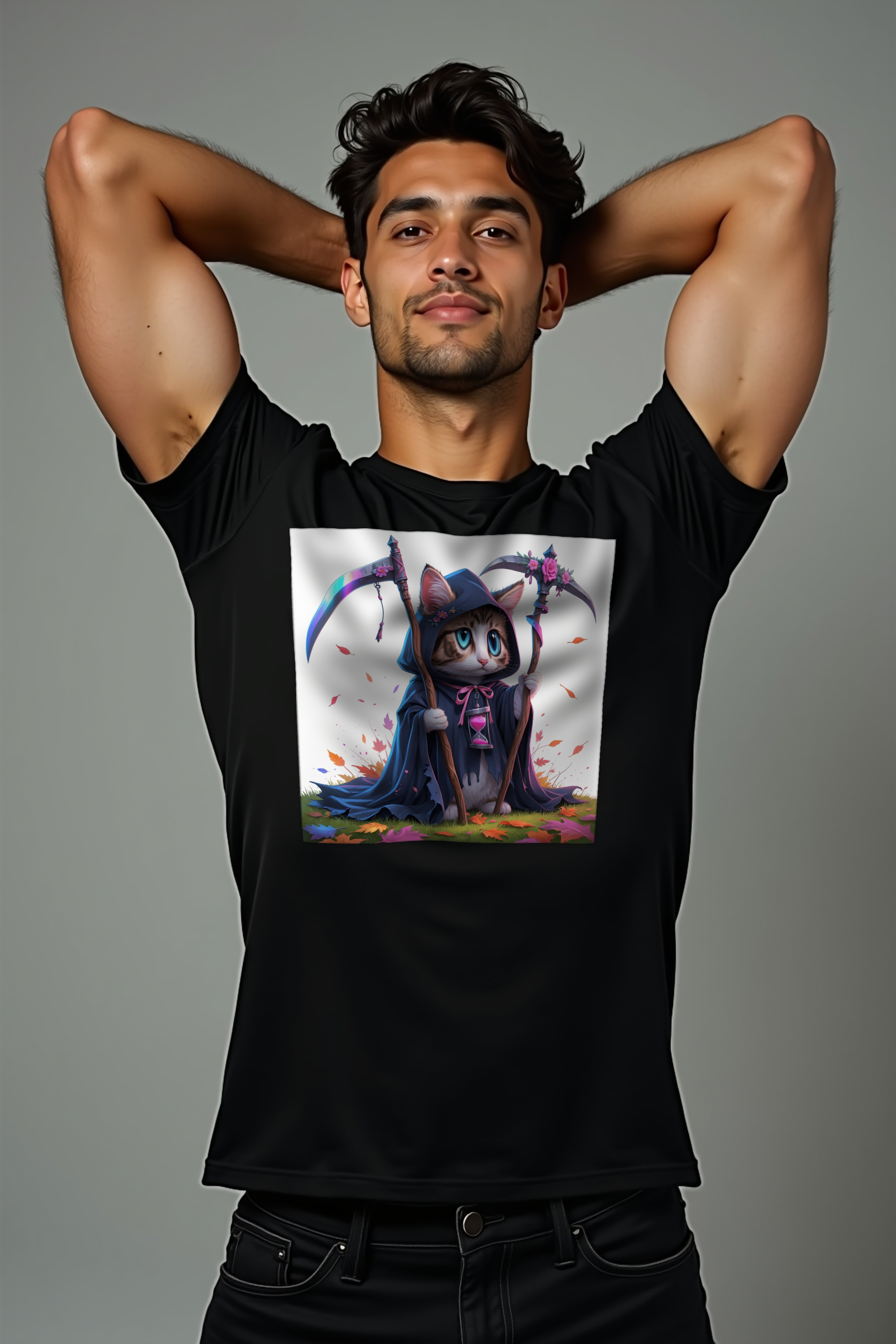 Grim Reaper Kitten - Unisex T-Shirt - Black Front Right