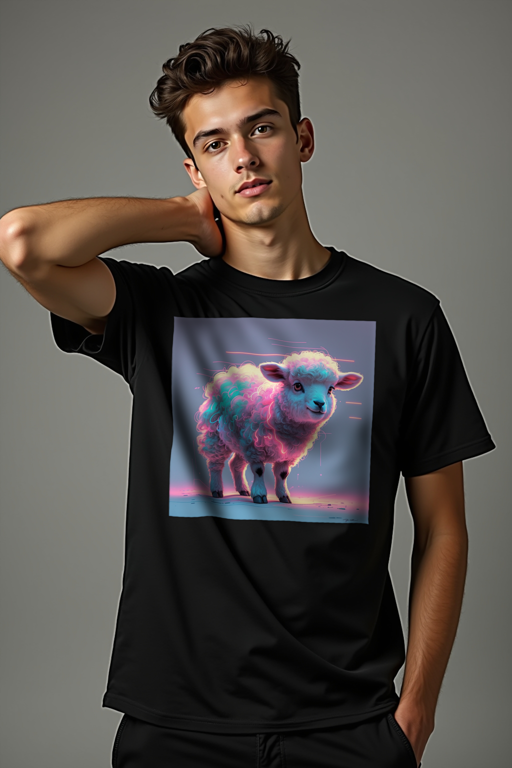 Static Lamb Tee Black Front Hand on Neck