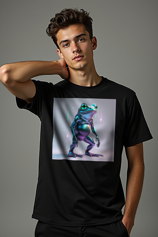Loveland Frog Tee - black mockup, studio softbox, hand on neck