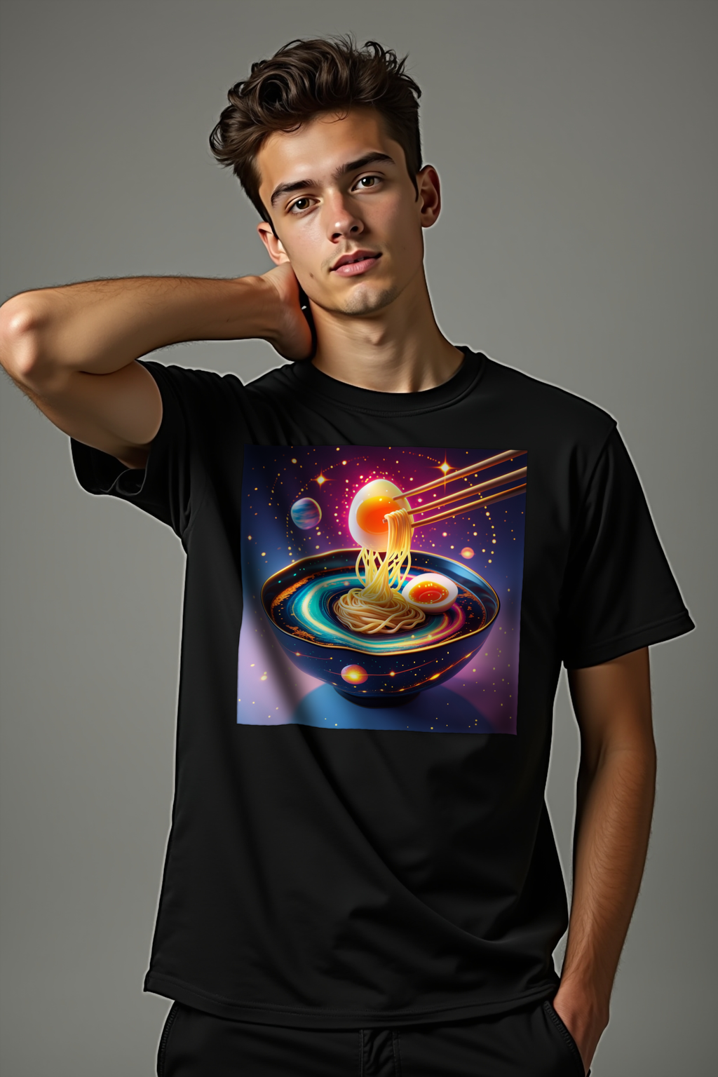Cosmic Carbonara Tee Black front studio