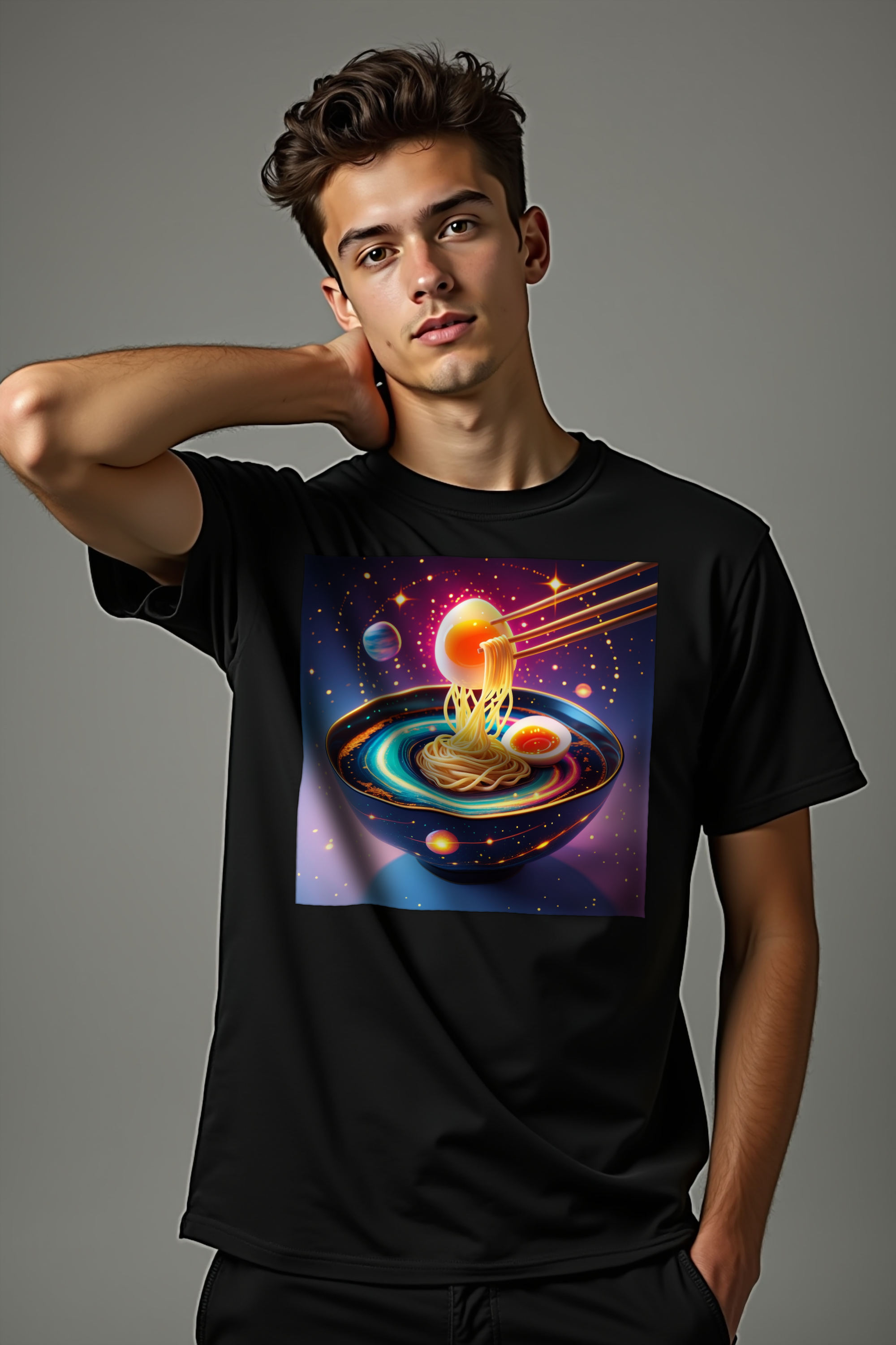 Cosmic Carbonara Tee Black front studio