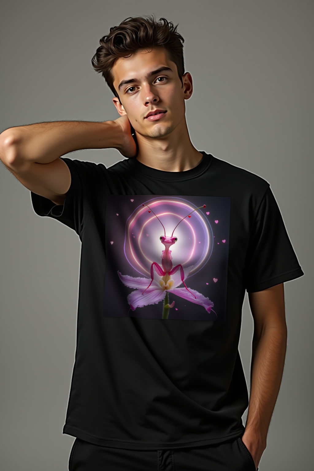 Delulu Orchid Mantis t-shirt black front studio