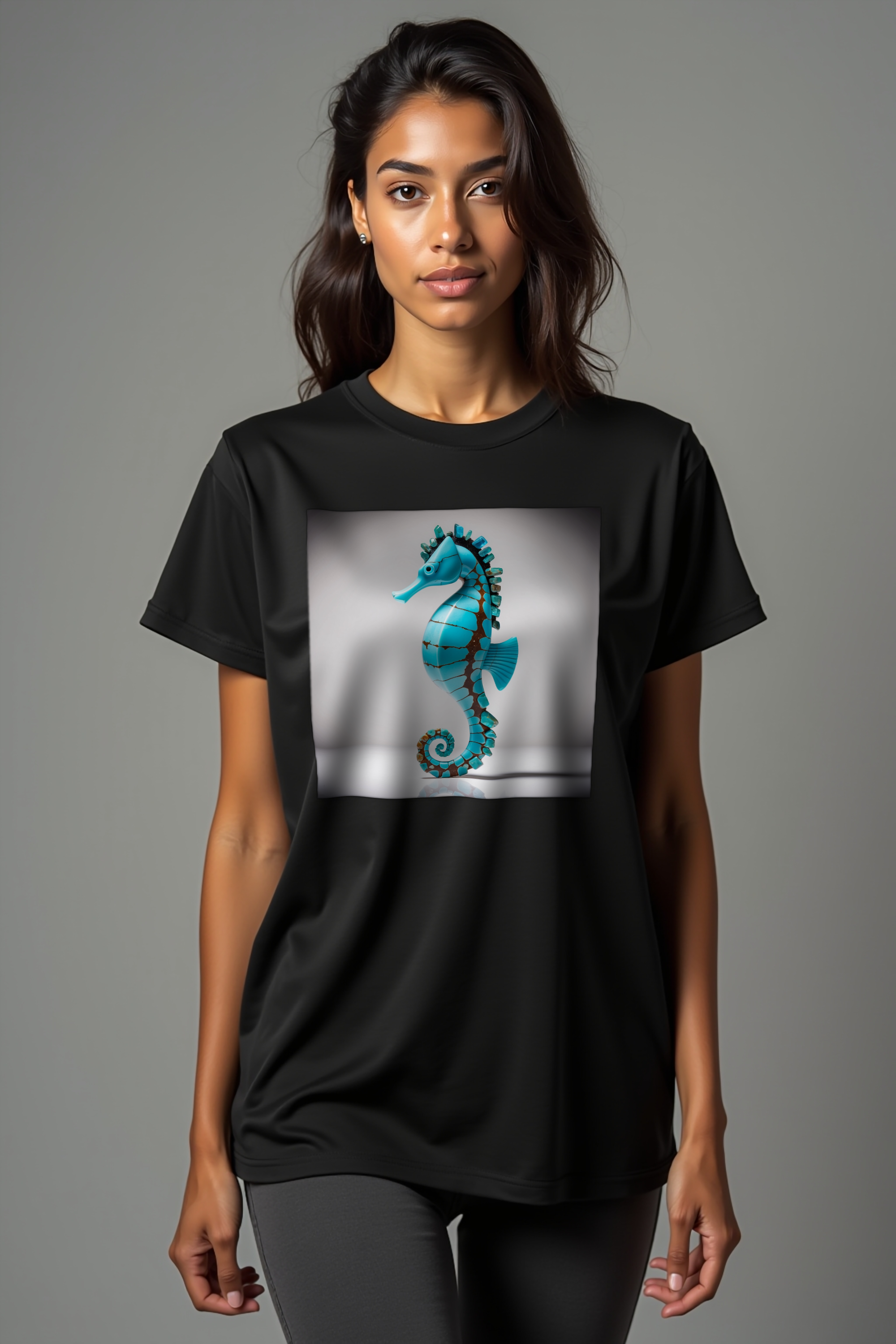 Turquoise Seahorse T-Shirt - Black - Walking toward camera