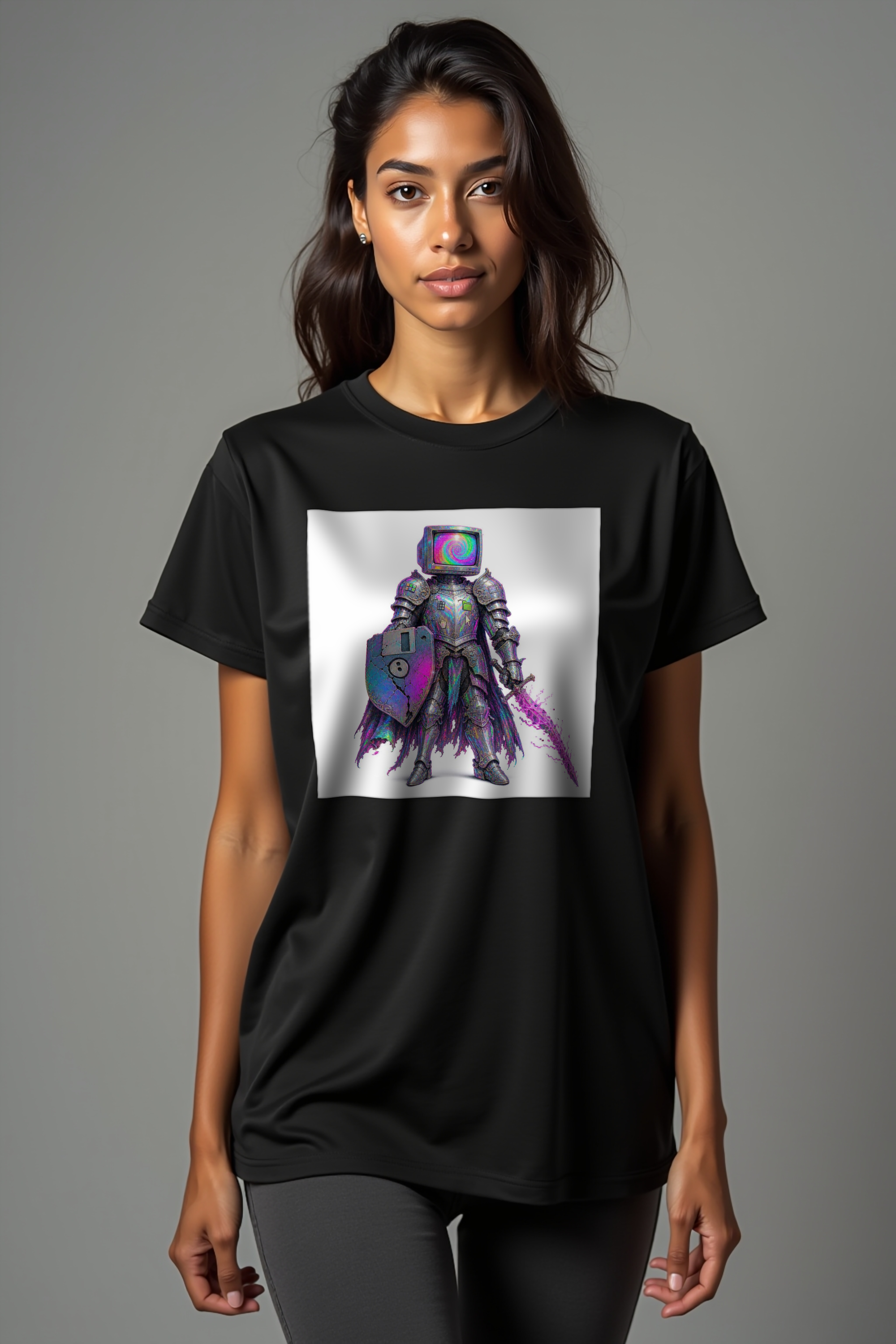CRT-Head Knight tee - black mannequin walking