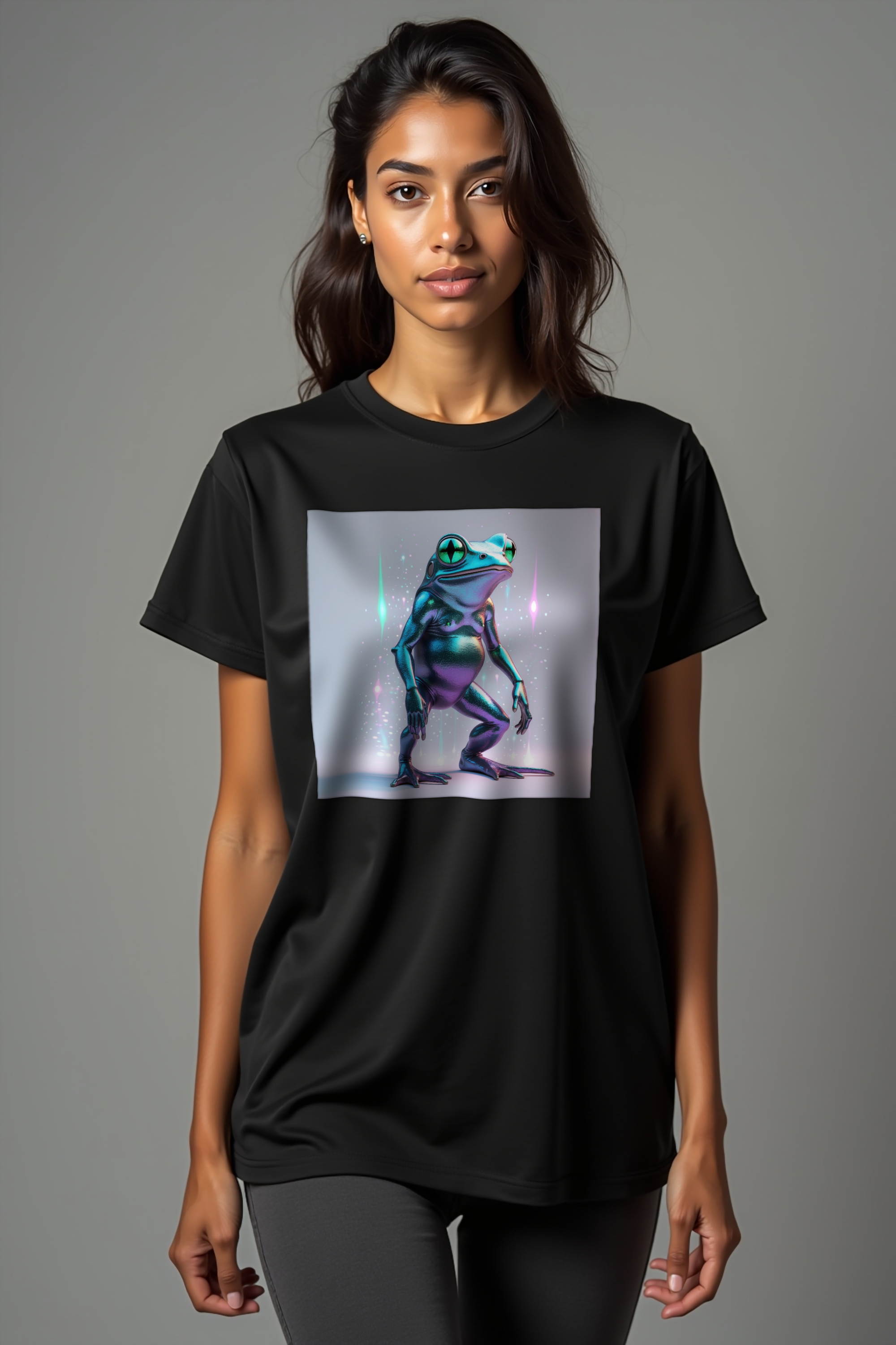 Loveland Frog Tee - black mockup, athletic walking front