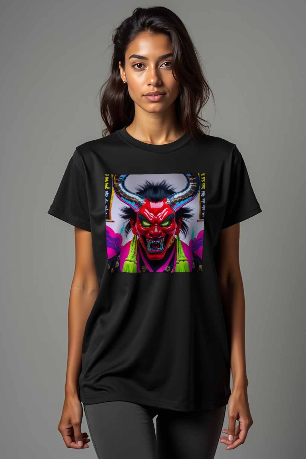 Electric Oni Mask T-Shirt Black Walking Front