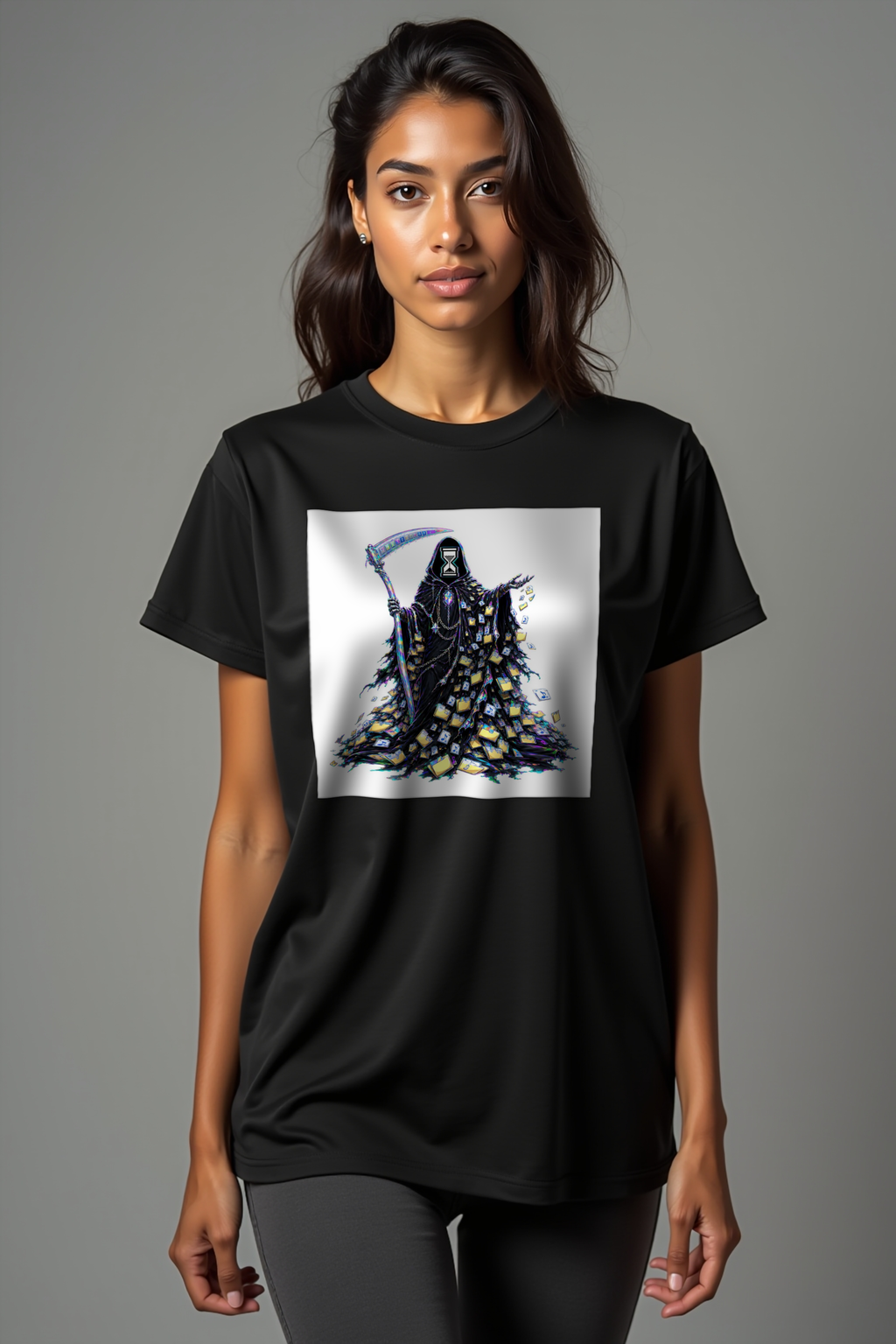 The Hourglass Reaper black tee front mannequin