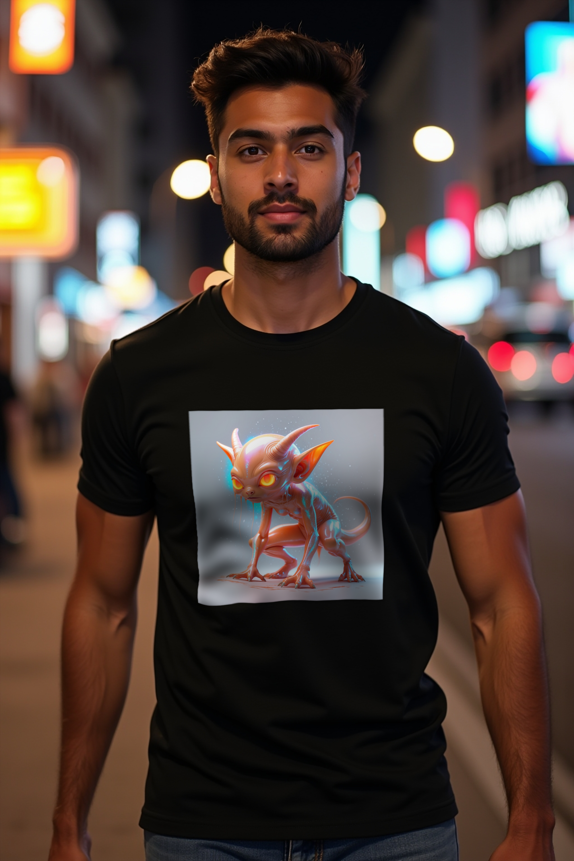 Dover Demon Tee - black mockup, walking front 3/4