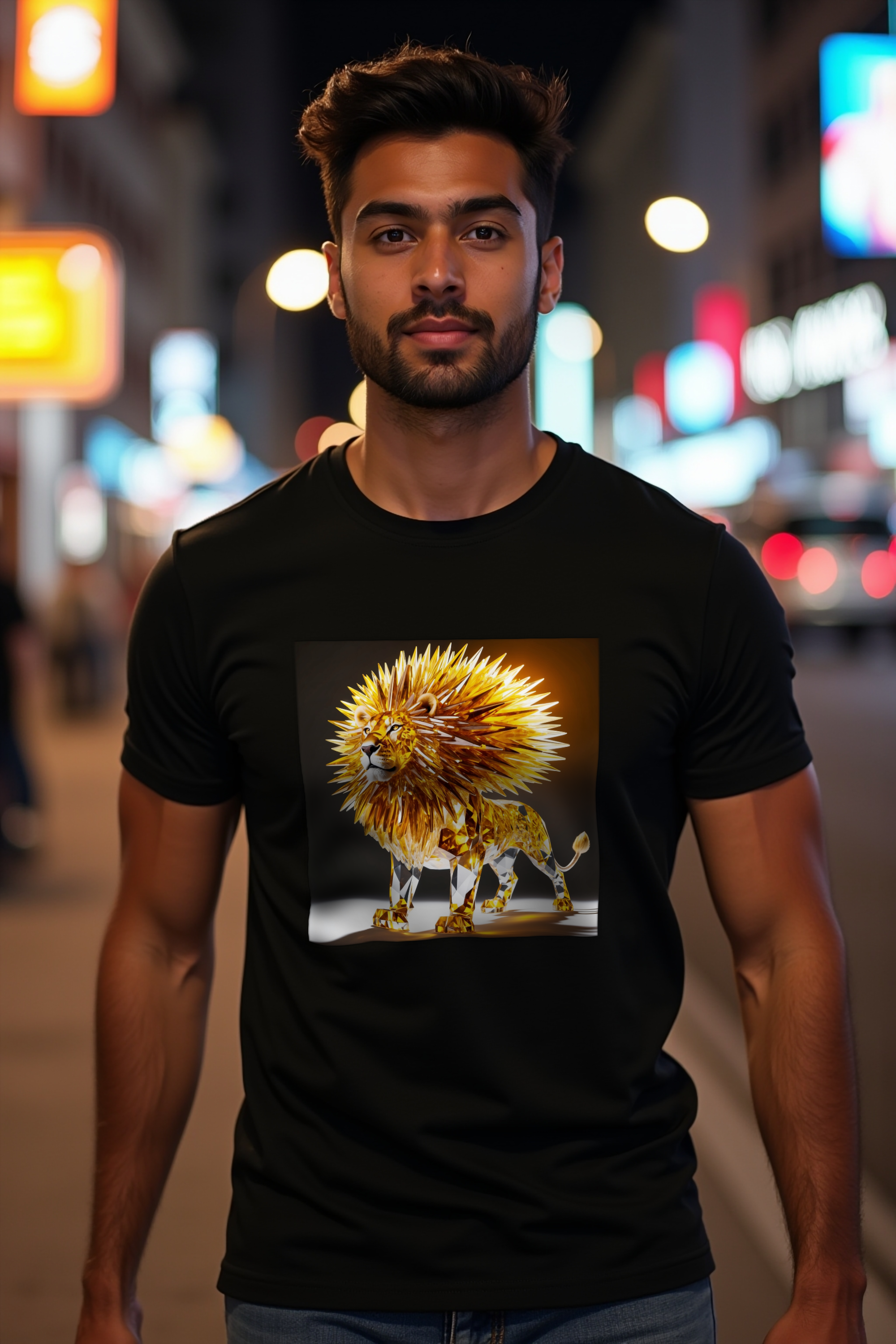 Citrine Lion Tee Black Front 45 Walking