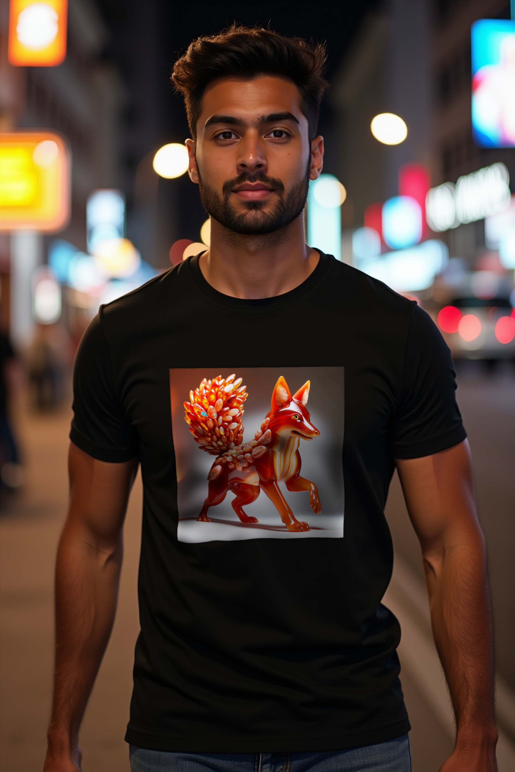 Carnelian Fox t-shirt - black, walking toward camera, front right 45