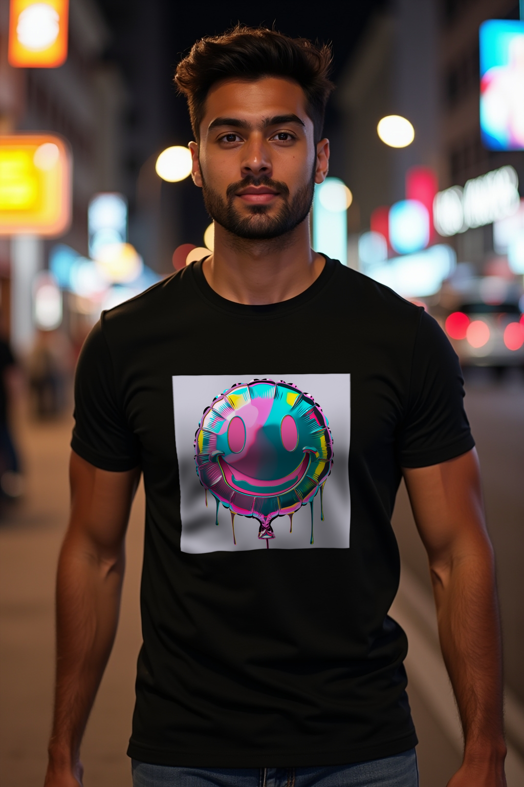 Mylar Smiley tee black walking front