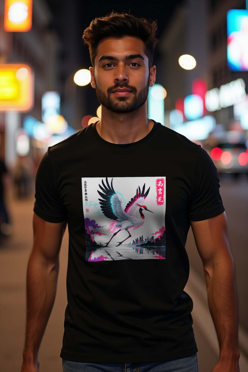 Crane Cityscape T-Shirt Black Walking Front