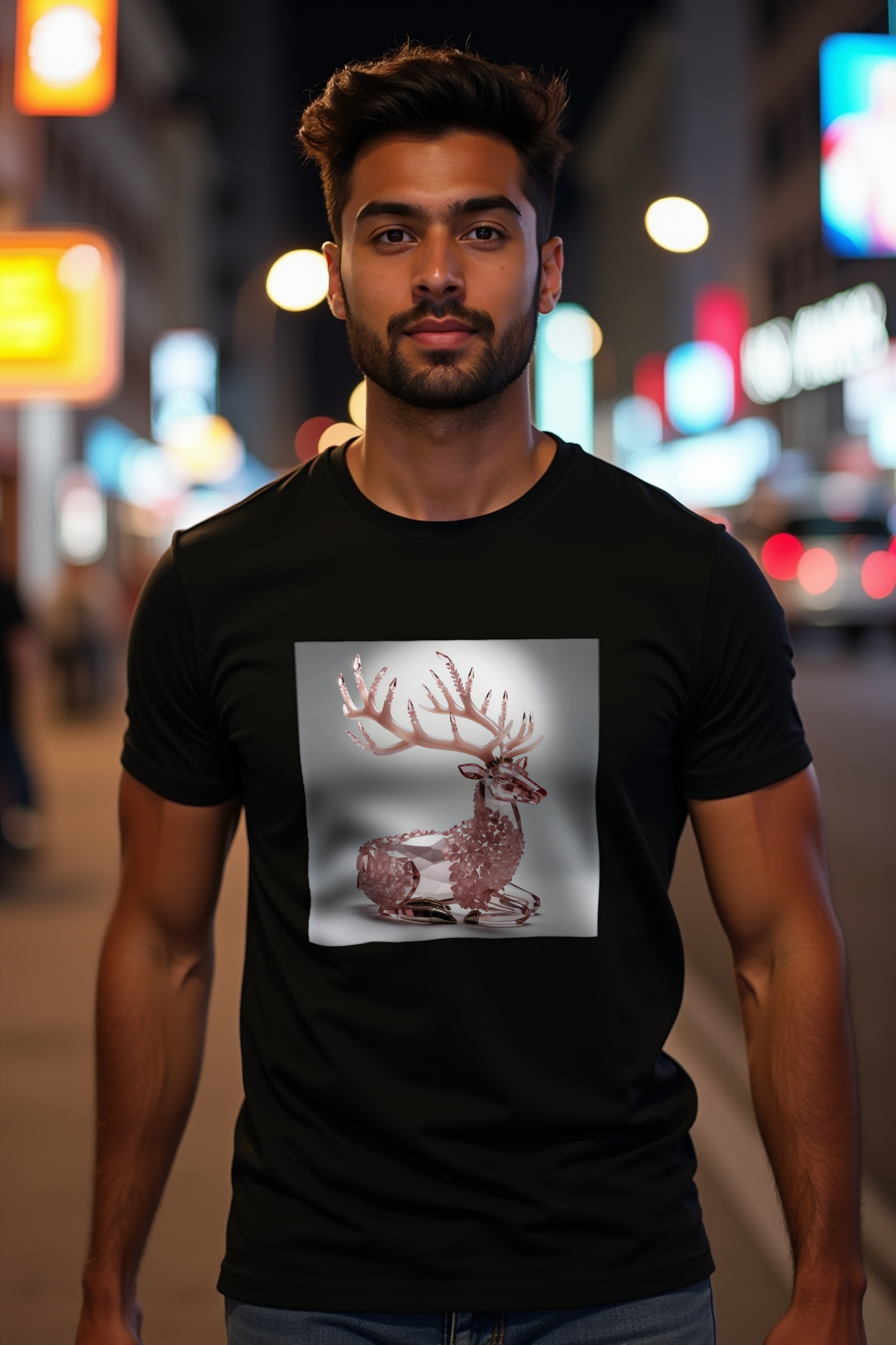 Rose Quartz Stag T-Shirt - black front right 45