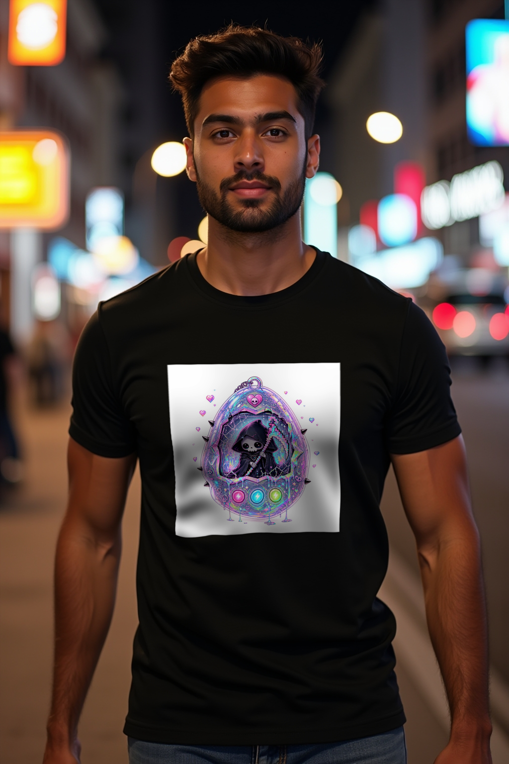 Tamagotchi Reaper tee - black mannequin walking front-right
