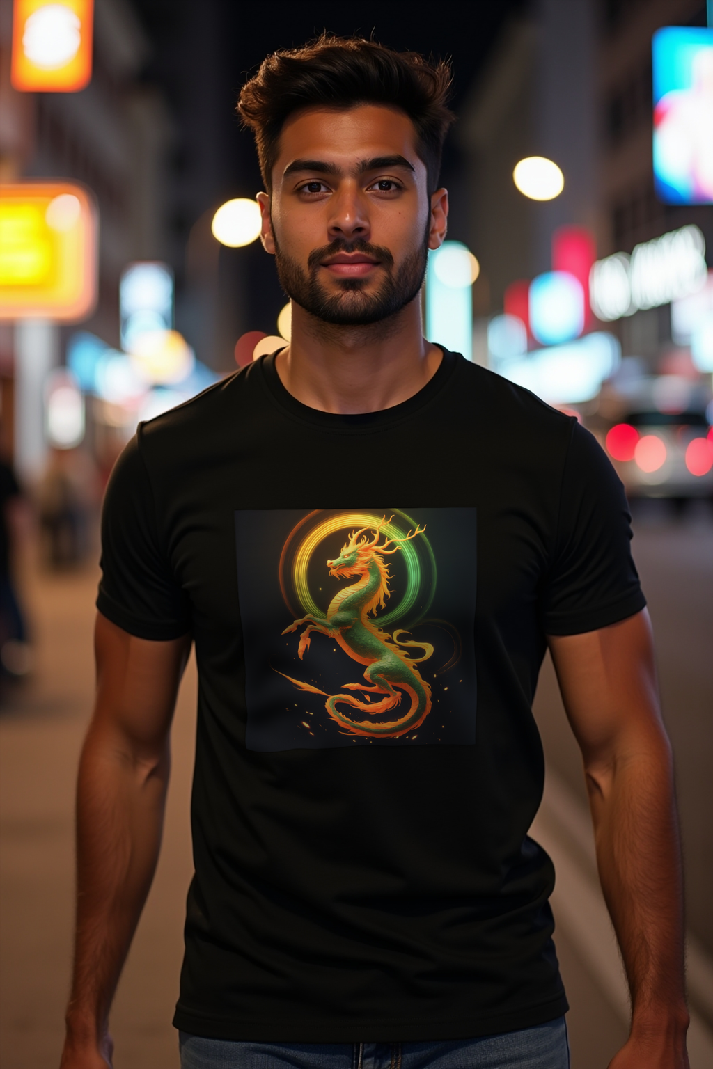 Ancient Flex Qilin black t-shirt walking toward camera front