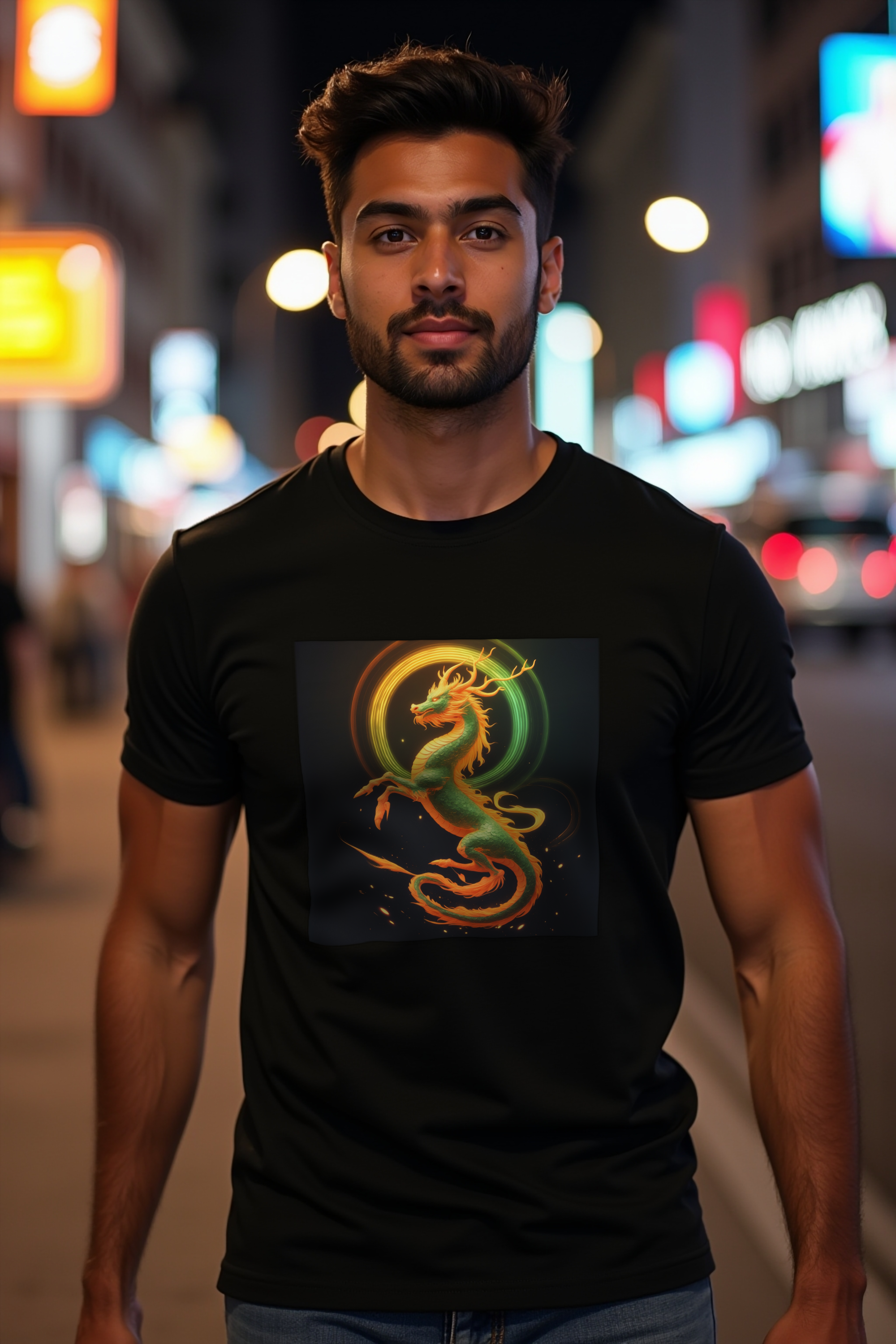 Ancient Flex Qilin black t-shirt walking toward camera front