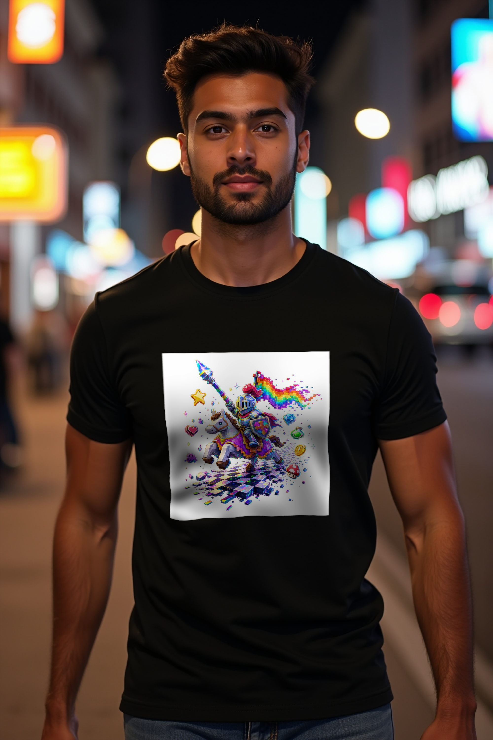 Pixel Knight on Pixel Steed Black t-shirt mockup front