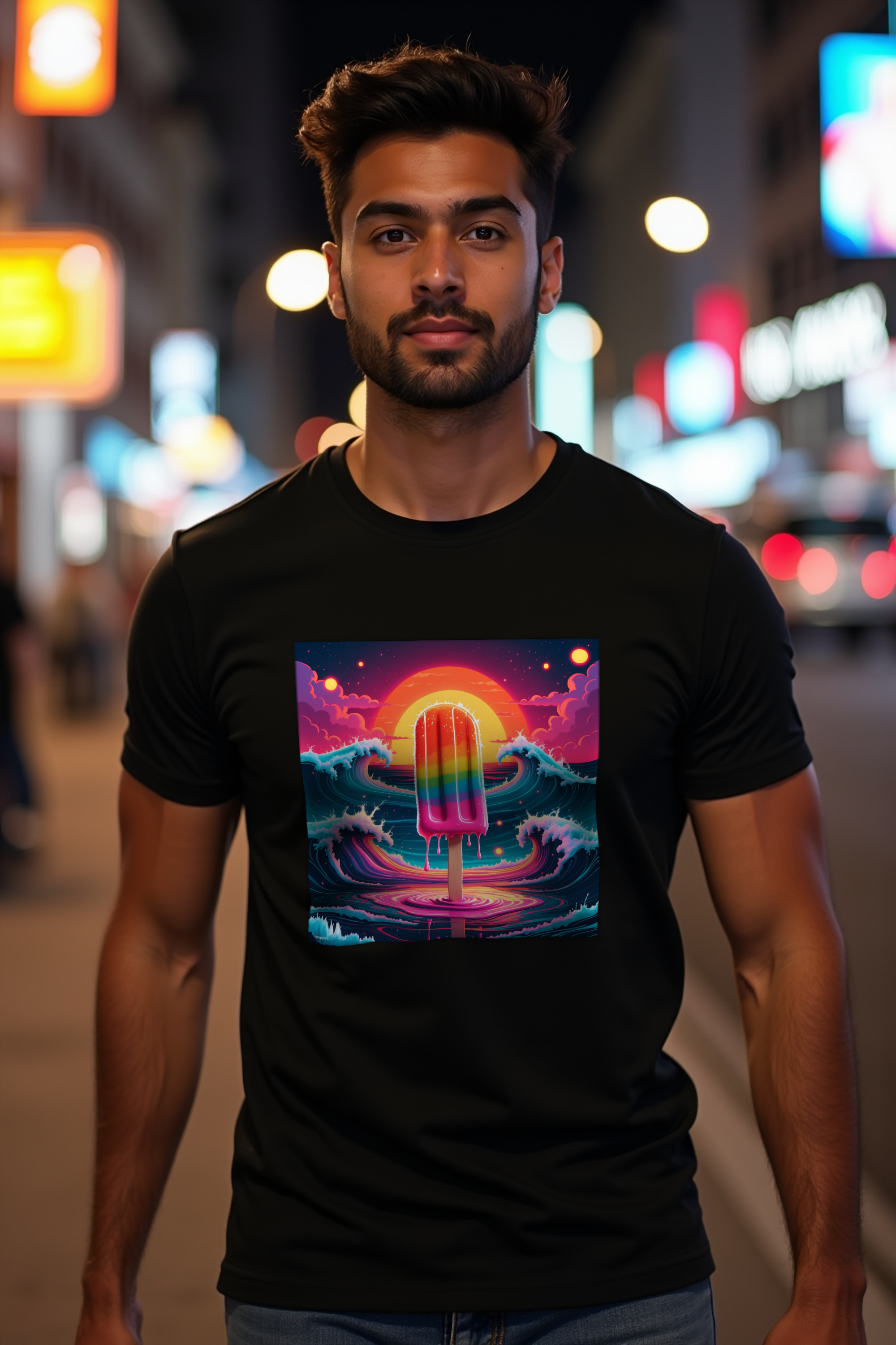 Rainbow Bomb Popsicle t-shirt black walking front