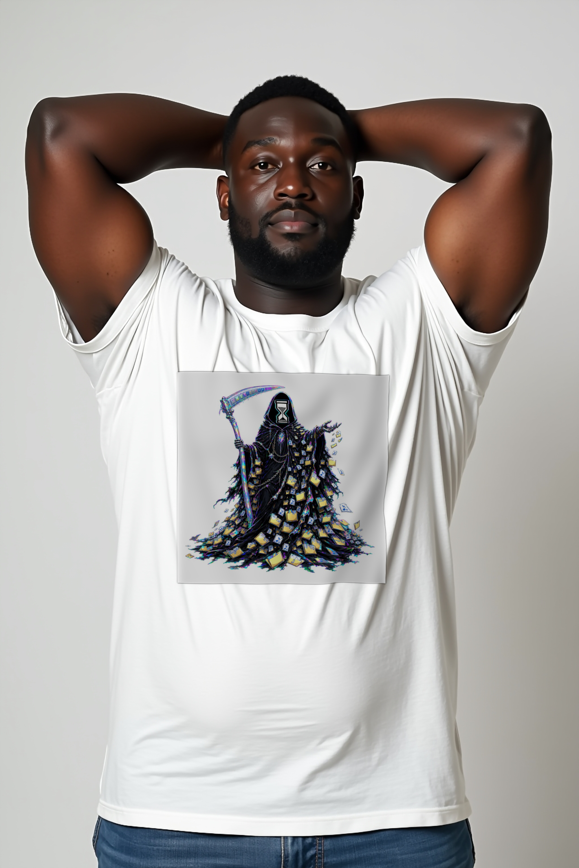 The Hourglass Reaper white tee front mannequin