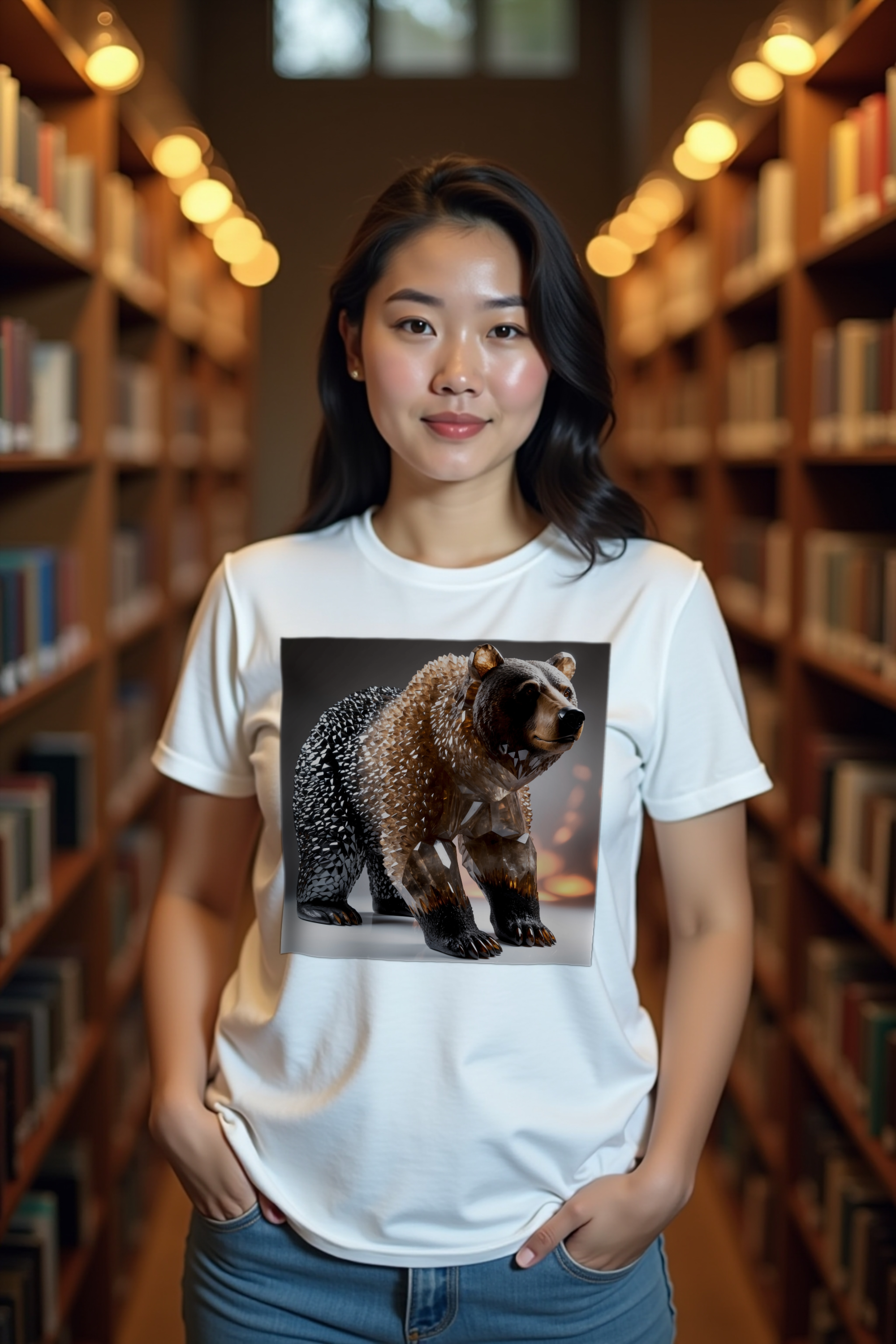 Smoky Quartz Bear T-Shirt - White - Thumbs in pockets
