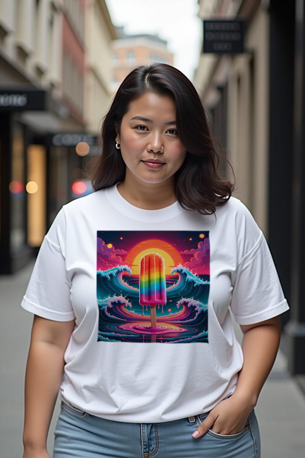Rainbow Bomb Popsicle t-shirt white looking down