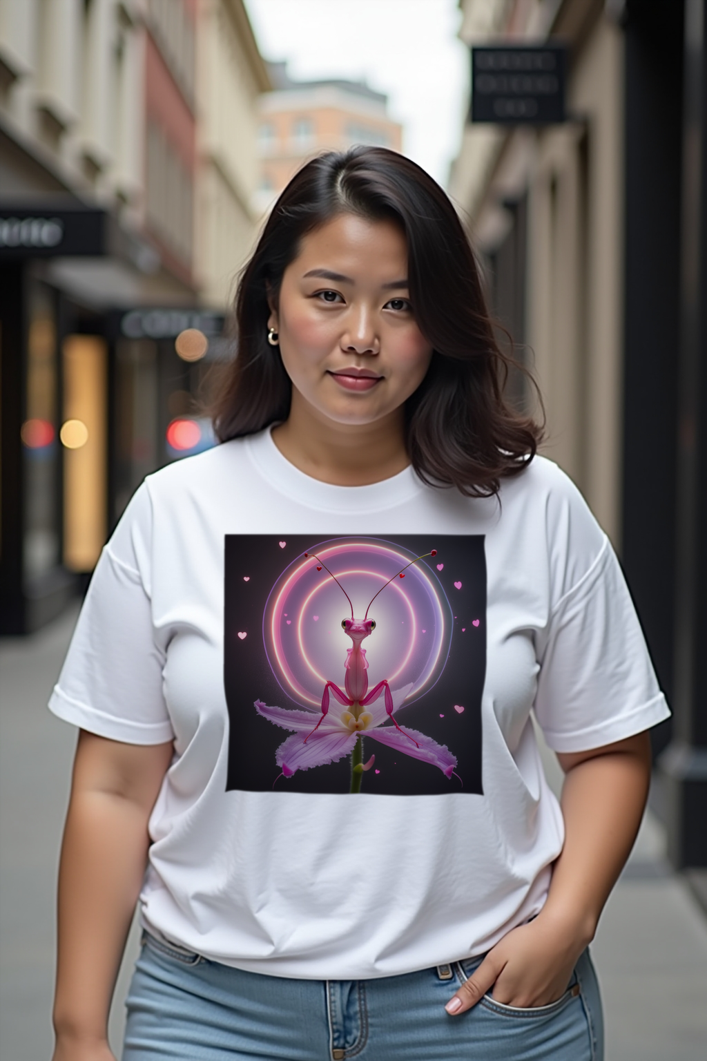 Delulu Orchid Mantis t-shirt white looking down